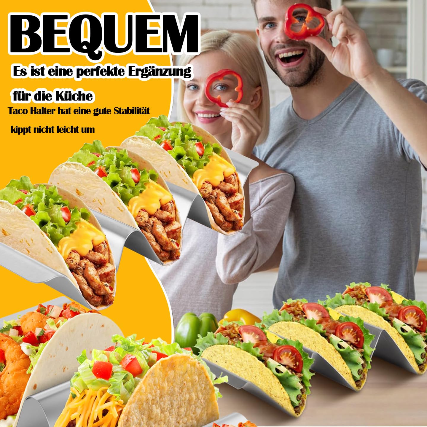 CHEUKYIU - Lot De 3 Supports à Tacos En Inox - Ondulés, Avec Poignées - 22,5x10x5 Cm - Pour Tacos, Sandwichs, Apéros