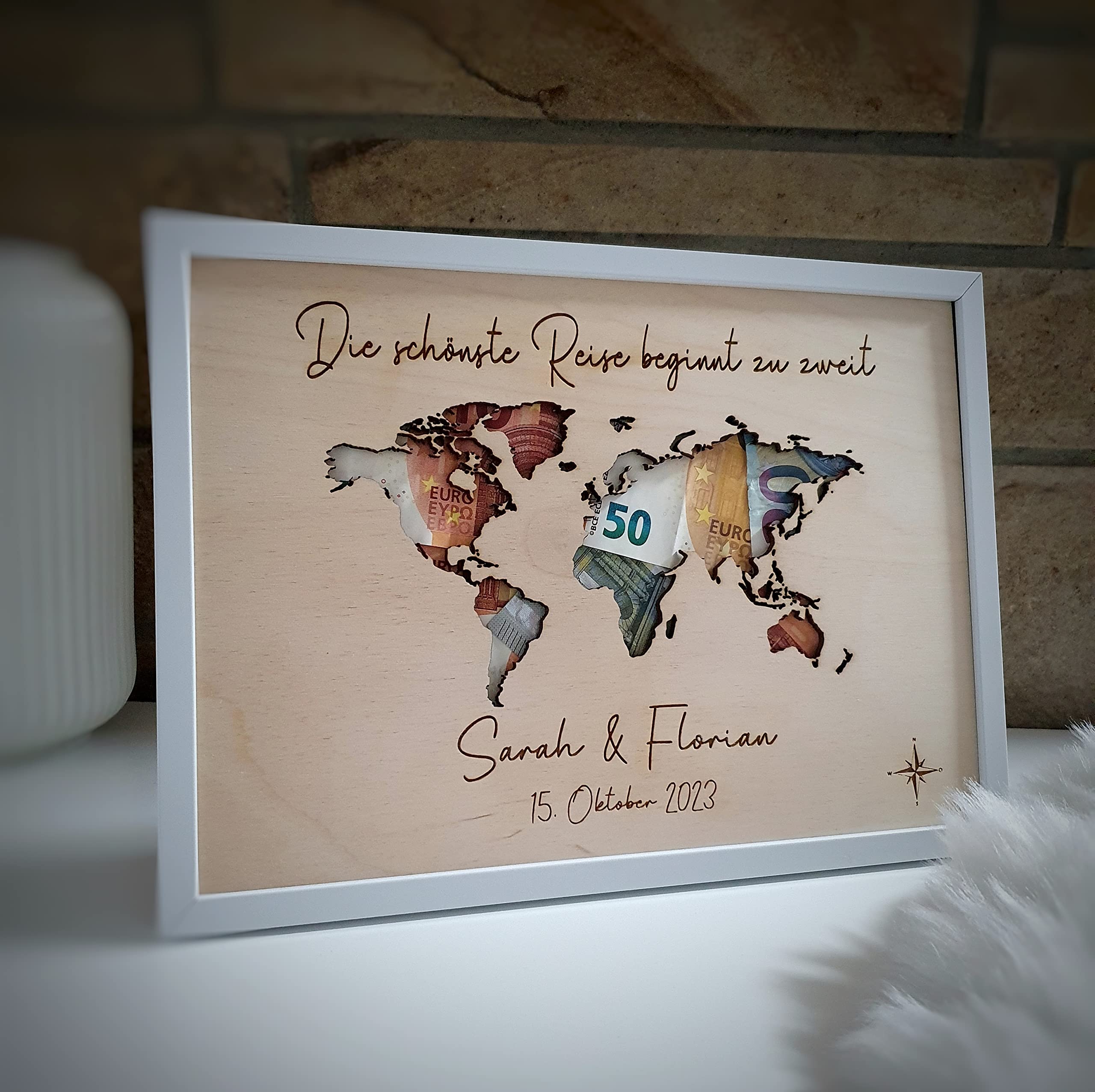Generisch Hochzeitsgeschenk personalisiert | Geldgeschenk Hochzeit | Weltkarte personalisiert | Geschenk Hochzeit | personalisiertes Hochzeitsgeschenk | Geschenk Flitterwochen (Größe 30x20 cm)