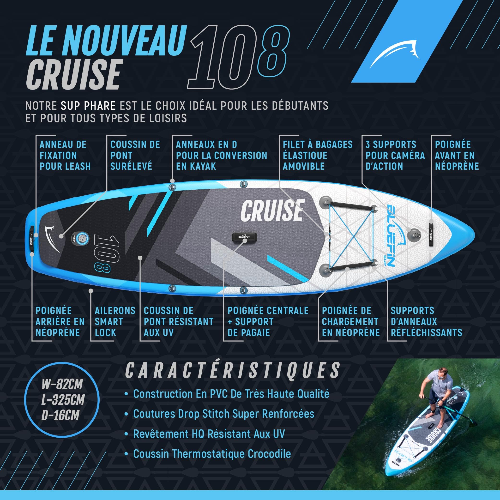 Bluefin SUP Cruise 10'8 | Planche à pagaie Adulte avec siège de Kayak | Bluefin Cruise Sup | Facile à Transporter | Conversion Kayak | Accessoires de Planche à pagaie Inclus