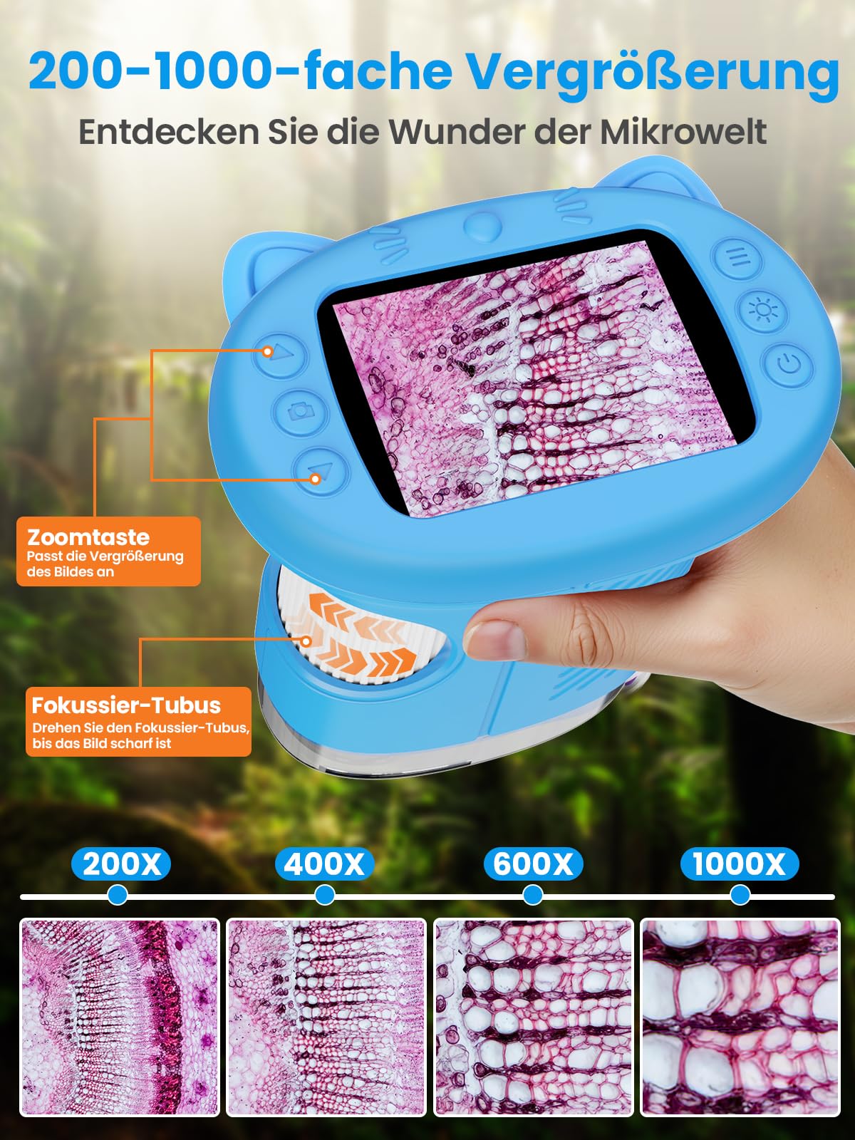 Mikroskop für Kinder Lupe, 2.4" Größer IPS Bildschirm Digitales Tragbares Taschenmikroskop mit 1000-facher Vergrößerung, Handy Experimente Kindermikroskop Spielzeug ab 3 Jahren - Blau