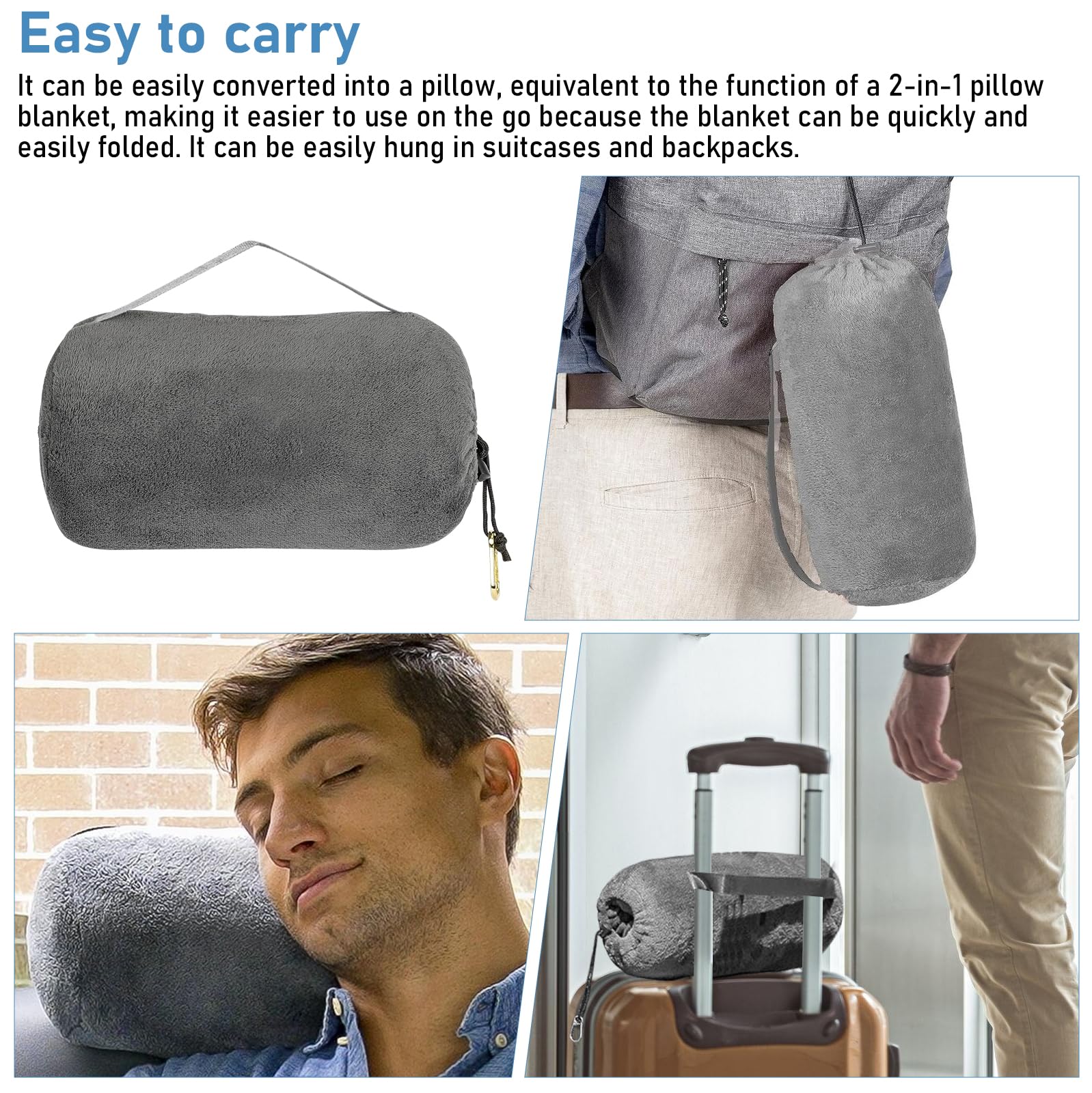 2-in-1 deken, 127 x 152 cm, reiskussen in het vliegtuig, dekens met bagagetas en rugzakclip, 230 g/m², ultralichte thermische deken, warm, deken voor auto, kantoor, huis, alle seizoenen