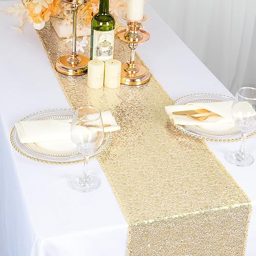 Miniatura 7 de ShiDianYi Camino de mesa con lentejuelas, color dorado claro, secuencia de 14 x 108 pulgadas, mantel brillante para despedidas de soltera y fiestas
