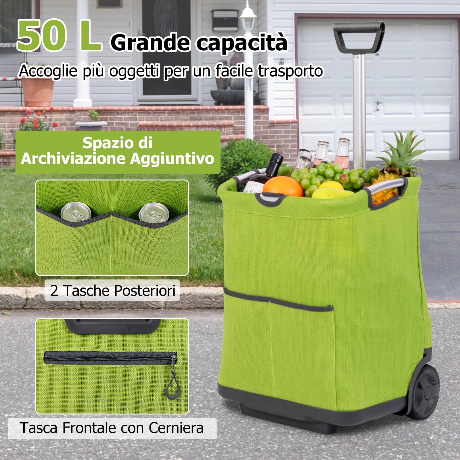 COSTWAY Carrello Spesa Pieghevole in Alluminio, Trolley Spesa con Ruote, Tasche Multiple e Manico Telescopico Regolabile, Capacità 50L, Caricabile fino a 35 kg (Verde)