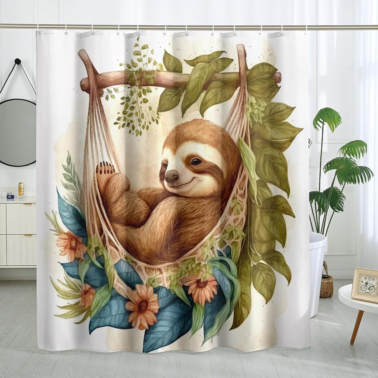 Sloth Shower Curtain Tropical Party Chic Leaves Animal Flower Swing Plants White Polyester Bathroom Decorative Indoor Hotel College stall Bathroom Decorations Shower Curtains with Hooks 62x72inch