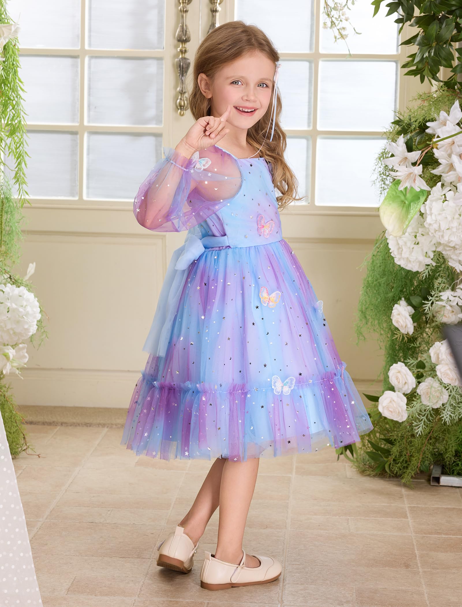 IDOPIP Kleinkind Baby Mädchen Kleider Lange Puffärmel Festzug Mesh Tutu Kleid Säugling Hochzeit Taufe Fotoshooting Tüll Kleid