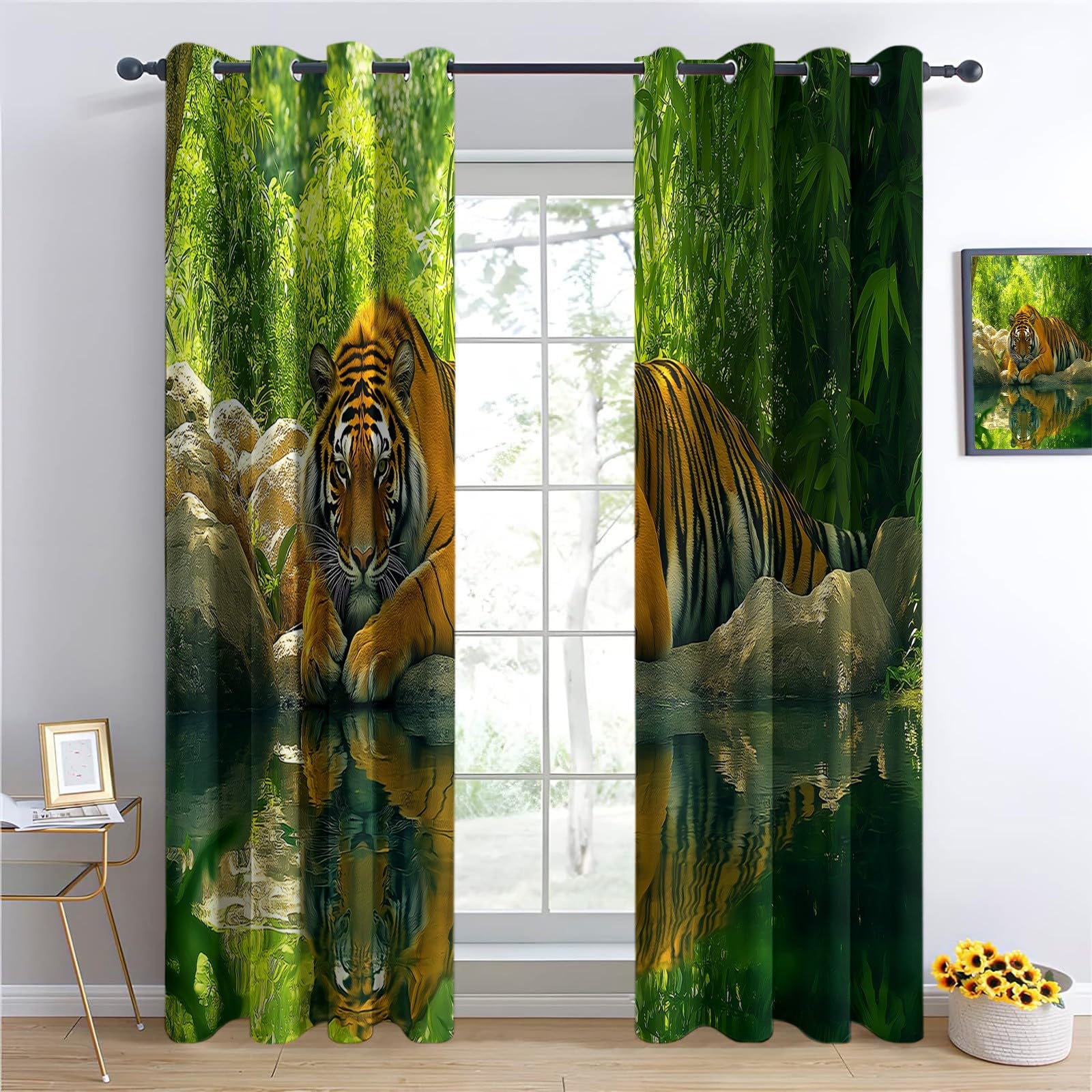 2 panele Zasłony zaciemniające 110 x 215 cm, tygrysie lasy z nadrukiem z oczkami dla dziewczynek chłopców do salonu, dekoracja sypialni, miękka i odporna na zmarszczki, zielona