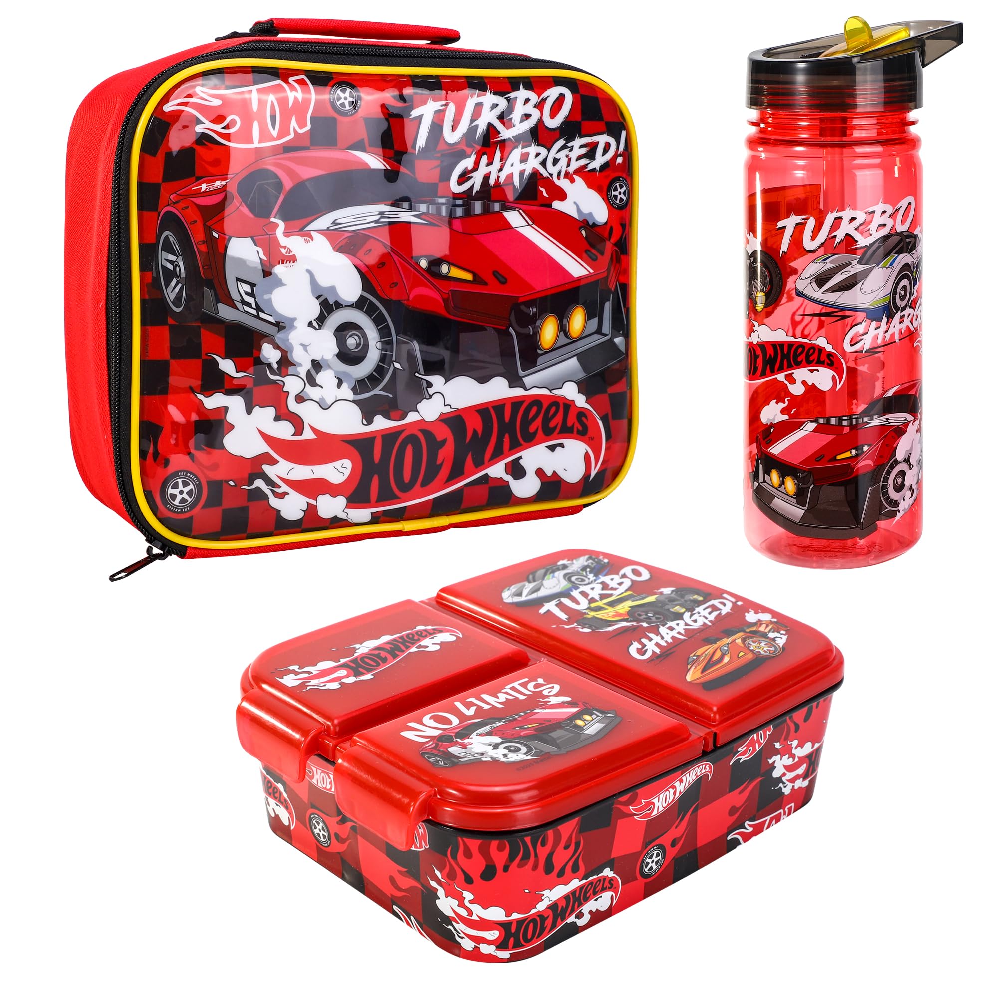 Zawadi Global Hot Wheels Kids Childrens Lunch Box Set โ Insulated Lunch Bag, Multicompartment Lunch Box & 580ml Water Bottle - School Travel Lunch Food Set, BPA Free (Hot Wheels) โ image 1