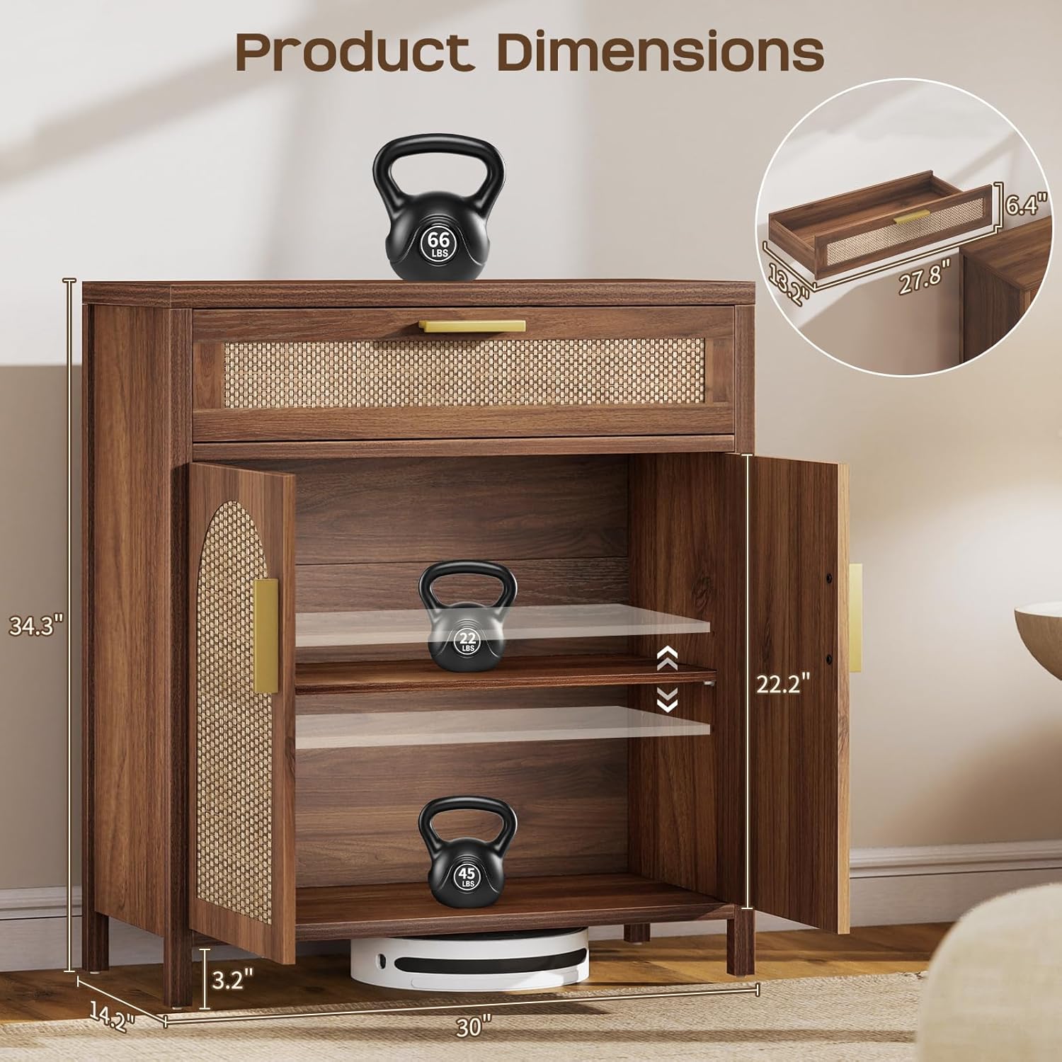 Rattan Buffet Cabinet with Storage, Sideboard Cabinet with Doors and Shelves, Accent Coffee Bar with Drawers, Farmhouse Kitchen Storage Cabinets, credenza for Entryway, Living Room Walnut