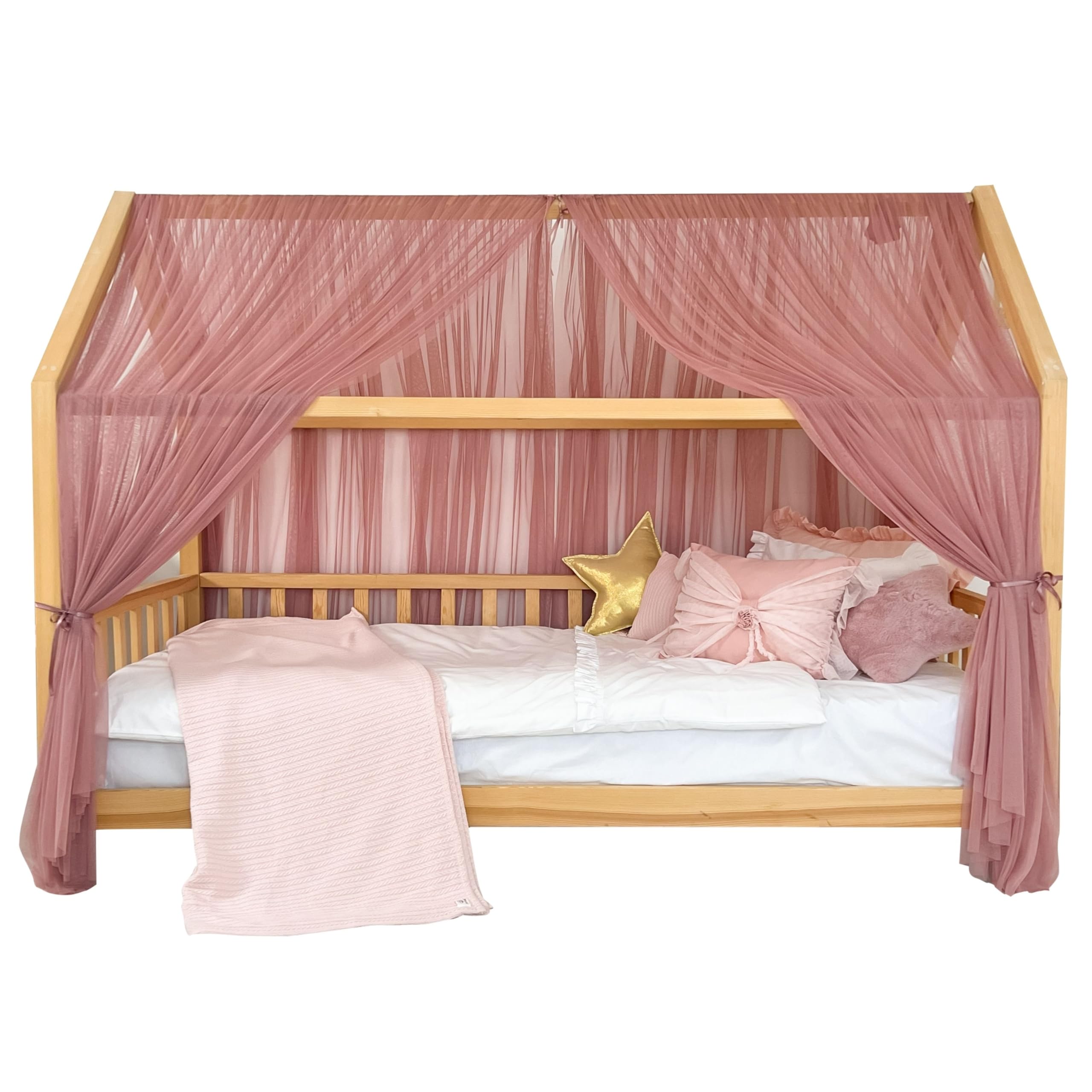 Ciel de lit rose en tulle souple pour sécuriser le lit Montessori