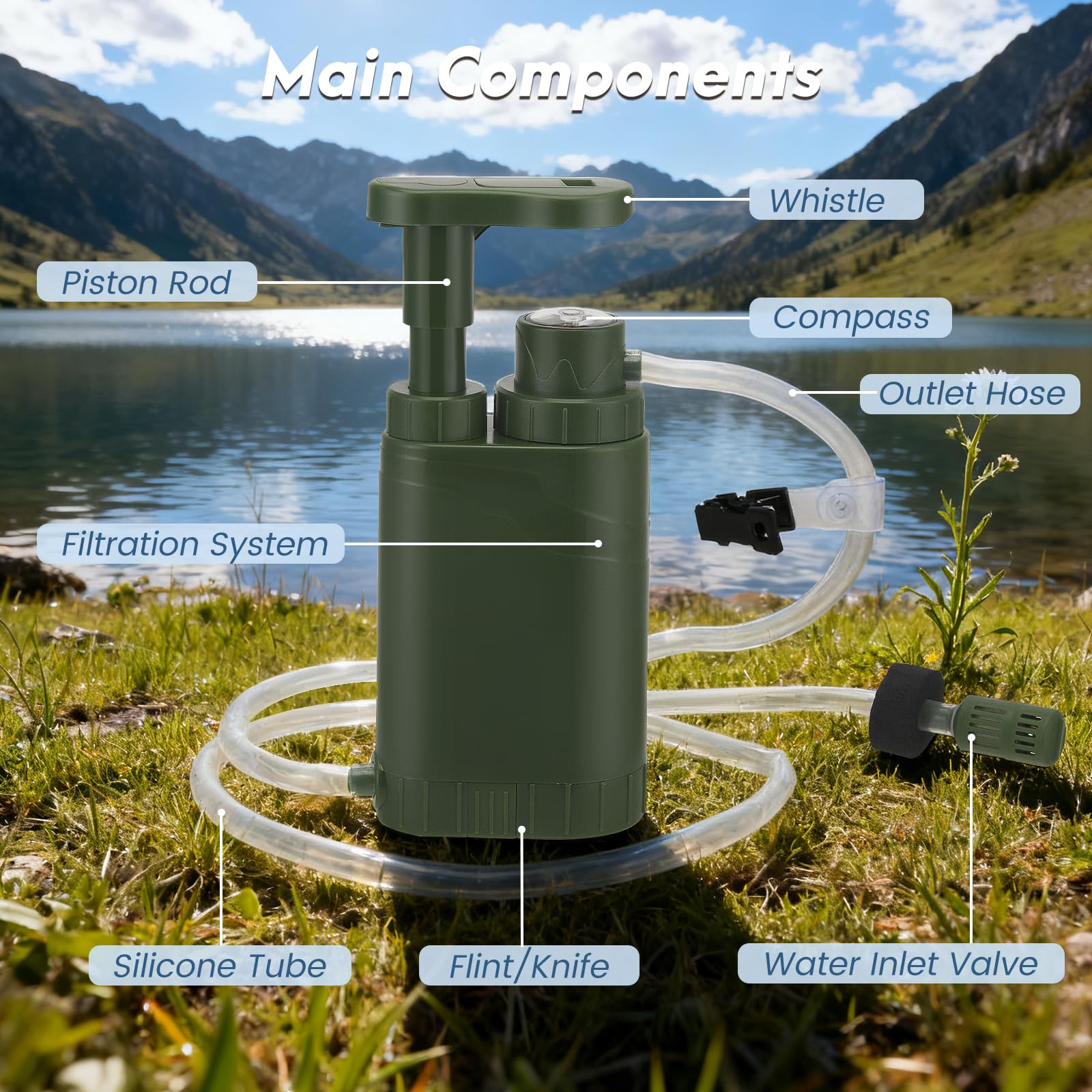 Filtre à eau de survie pour le camping, la randonnée et le trekking, filtre 0,01 micron, filtre à eau portable 2000 ml, filtration d'eau de survie pour le camping et les situations d'urgence.