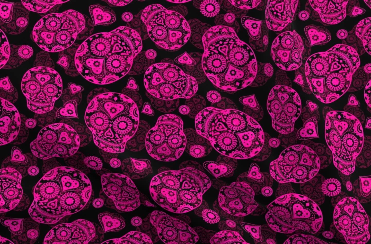 Spoonflower Fabric - Pink Sugar Skulls De Day Dead Skull Calaveras Hearts Printed on Organic Cotton Sateen Fabric by The Yard - Sewing Quilting Apparel Home Decor