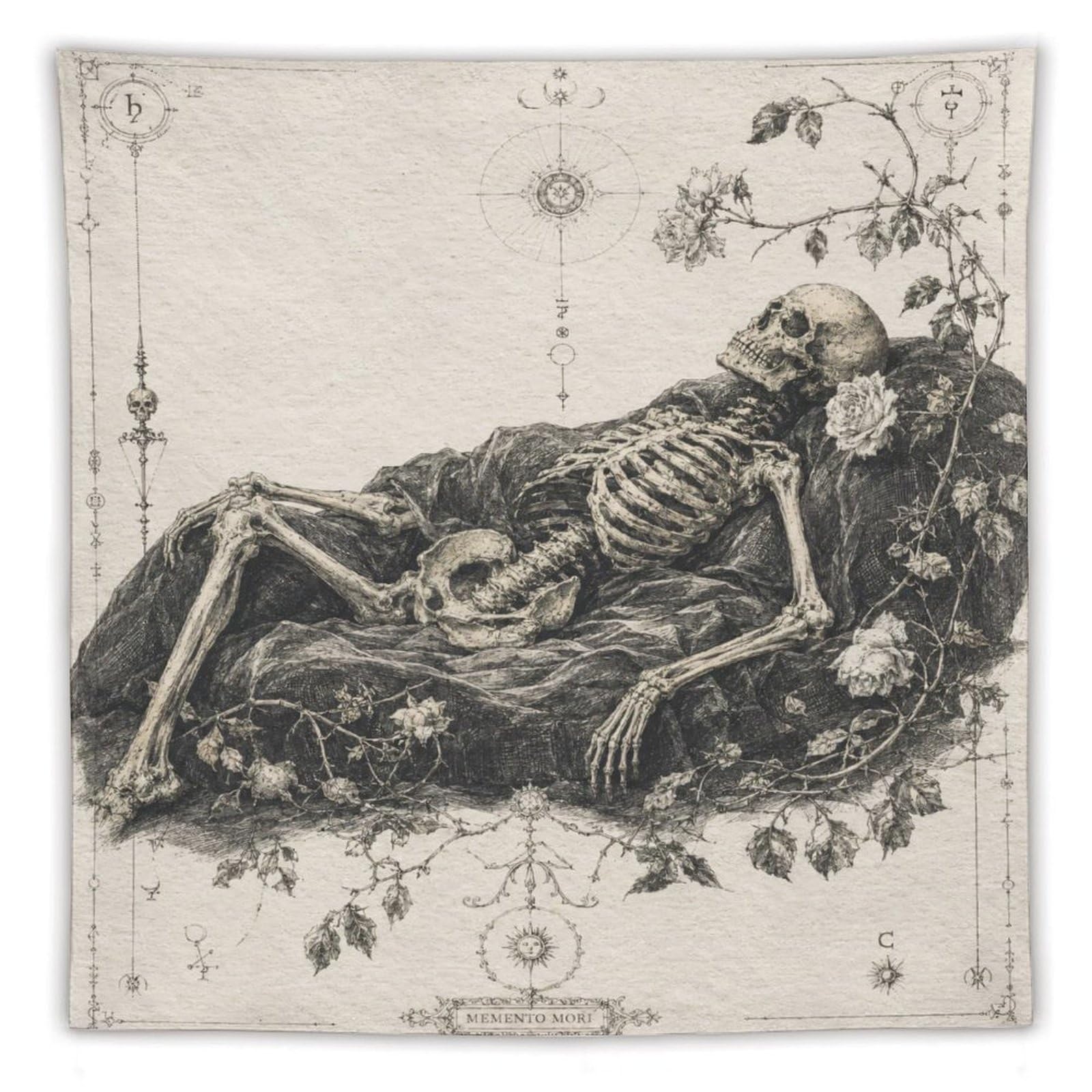 W7C8U2X3 Skeleton Reclining Ink Study Wall Tapestry, Antique Sketch