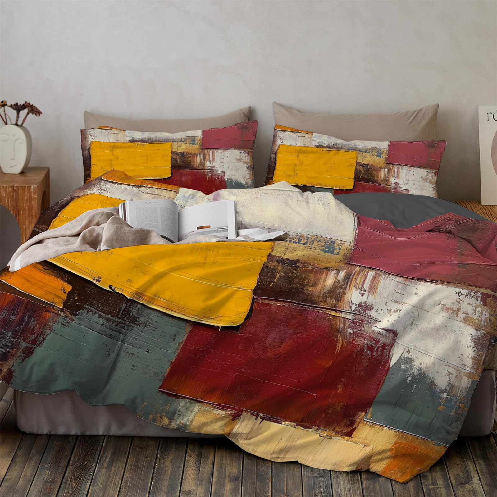 Housse de couette 2 personnes réversible en microfibre avec motifs blocs de couleurs abstraits