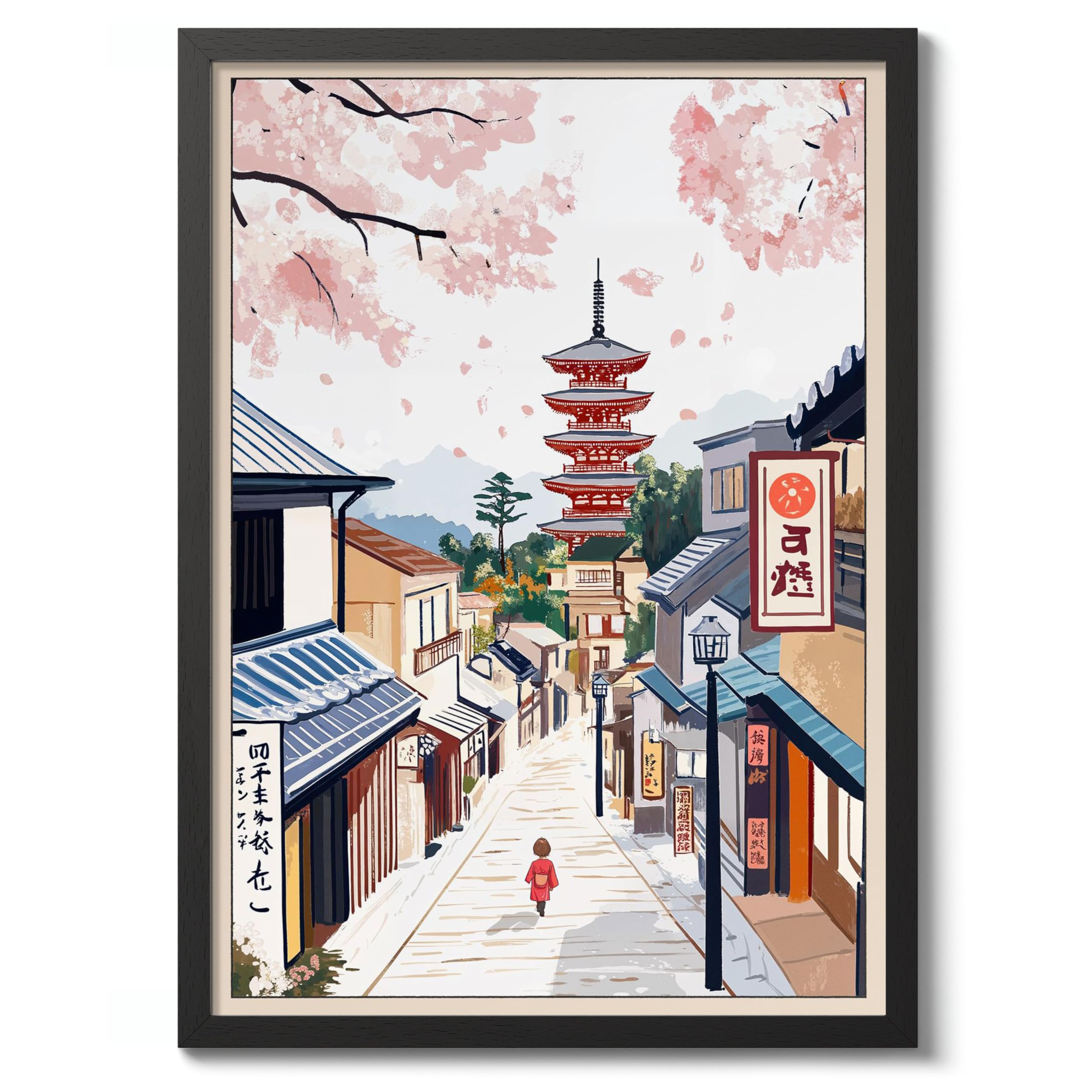 Kyoto Street View Anime Woodblock Poster Print, Cartoon Manga Edo Aesthetic Wall Art Japanese Wall Art Bedroom Home Decor, A1 (Black Frame) - 86.9x62.4cm โ image 1