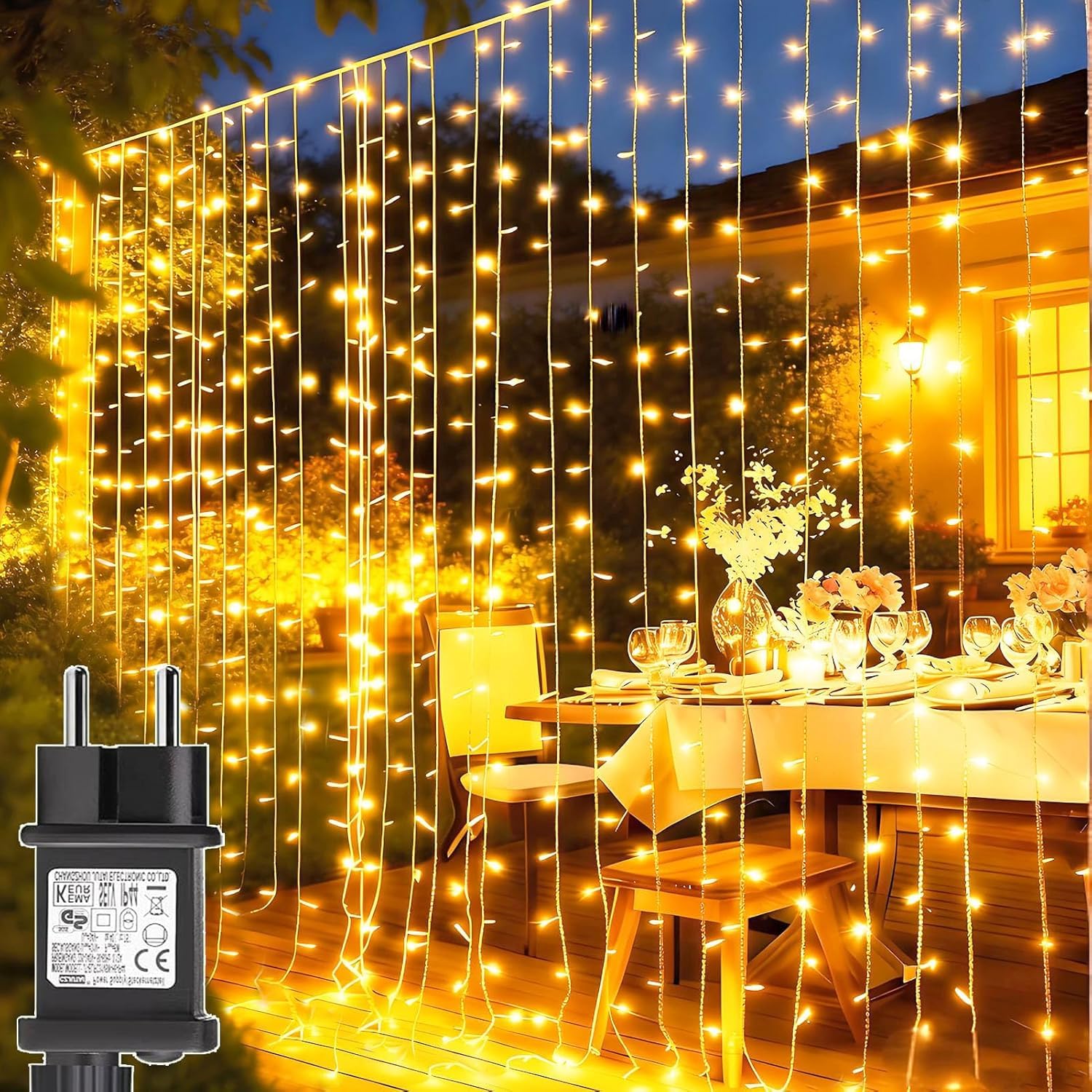 FREMON Tenda da Esterno, 300LEDs 3MX3M Luci Natale, 8 Modalità Tenda Luminosa con Telecomando e Timer, IP65 Impermeabile Cascata di Luci per Esterni e Interni per Camera da Letto, Festa, Matrimonio