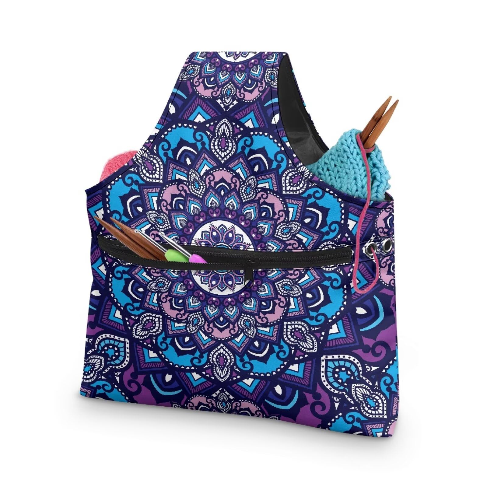 ZUXONGSY Mandala Yarn Bags for Knitting Retro Floral Yarn Tote Bag for Women Floral Portable Knitting Project HanbBag for Crochet Hooks