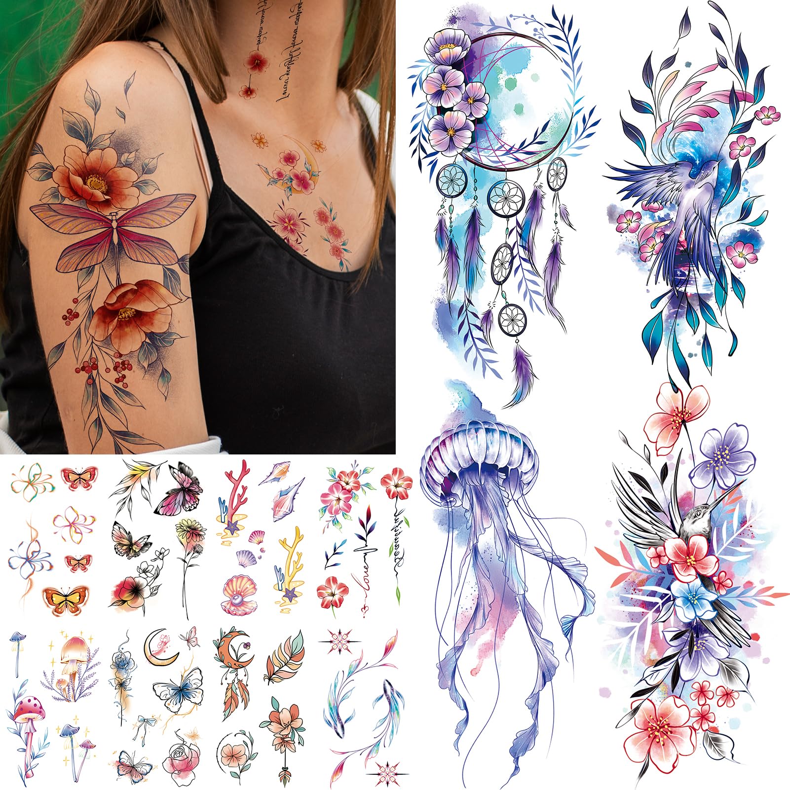 Acevegue 34 Hojas Tatuajes Temporales Adultos, 3D Tatuajes Falsos Flores Impermeables, Tatuaje Personalizado Calcomanias Adultos Hombro Cuello