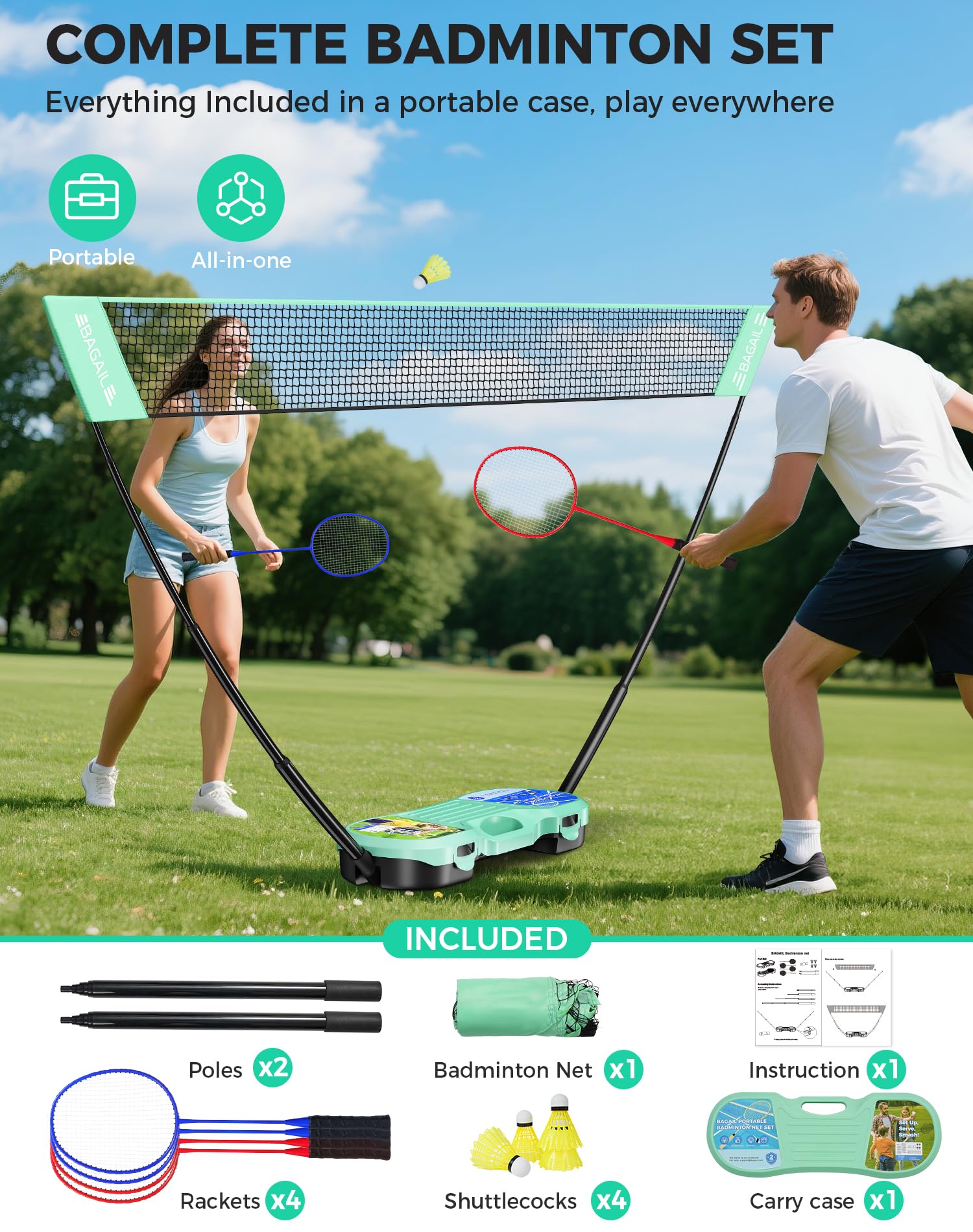 BAGAIL Conjunto de Red de bádminton portátil - Bolsa de Almacenamiento - Base autónoma - Instalación rápida - Red de bádminton con 4 Raquetas y 4 Volantes para Jugar en Interiores y Exteriores - 3