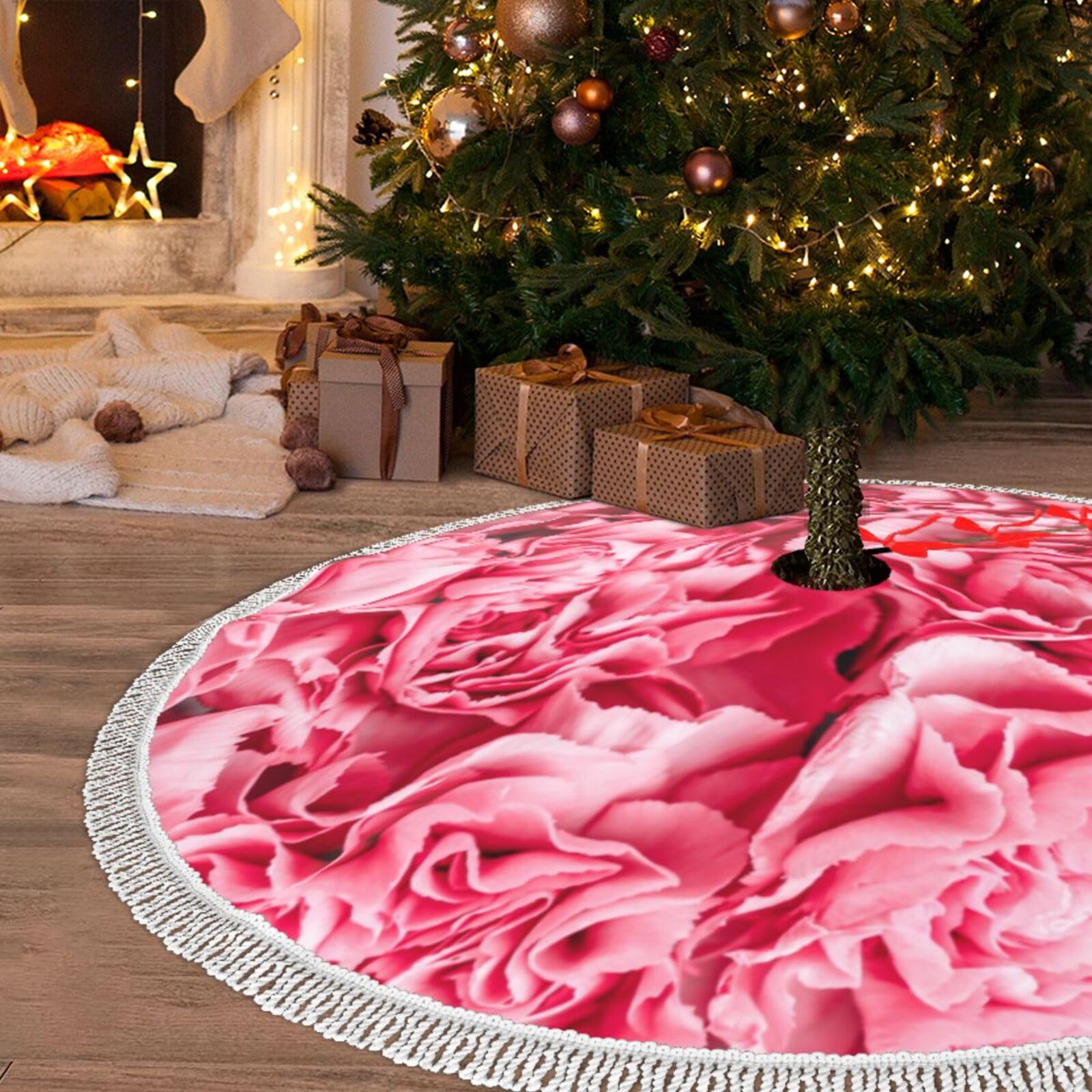 Jupe De Sapin De Noël - 76,2 Cm - Rose - Avec Bordure à Pompons - Pour Sapin De Noël, Vacances, Décoration D'intérieur Et D'extérieur
