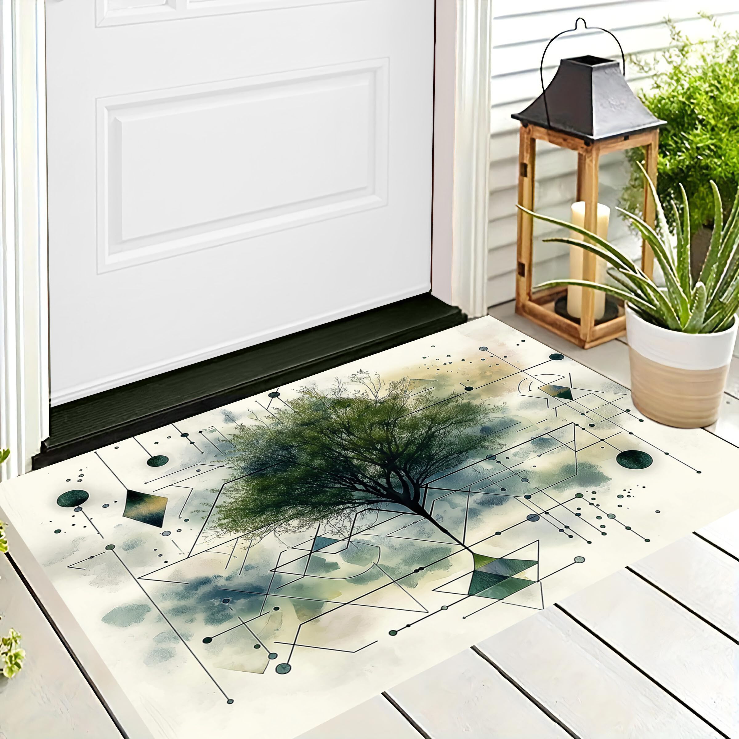 Paillasson absorbant gris-vert 60x90cm tapis géométrique feuilles entrée