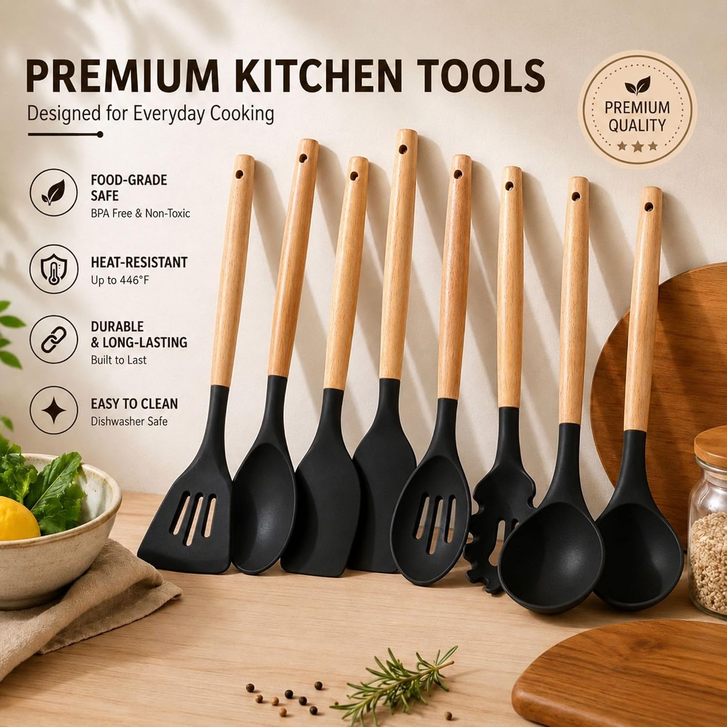 33 PCS Silicone Kitchen Utensils Set – Nonstick Cooking Utensils Set, Heat Resistant Kitchen Gadgets with Wooden Handles, Spatula Spoon Turner Whisk Tongs Cooking Tools Set for Kitchen, Black
