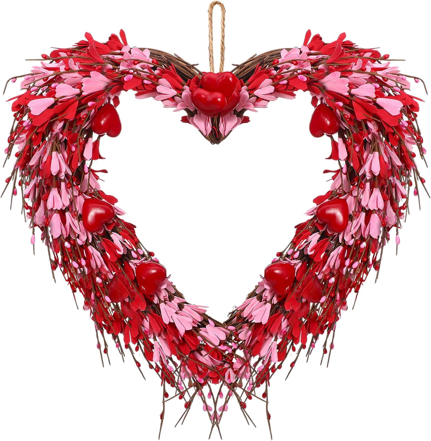 Valentine's Day Wreath for Front Door 14 Inches Valentines Heart Shaped Forsythia Flower Wreath with Artificial Red Pink Berries Small Red Hearts for Home Indoor Anniversary Party