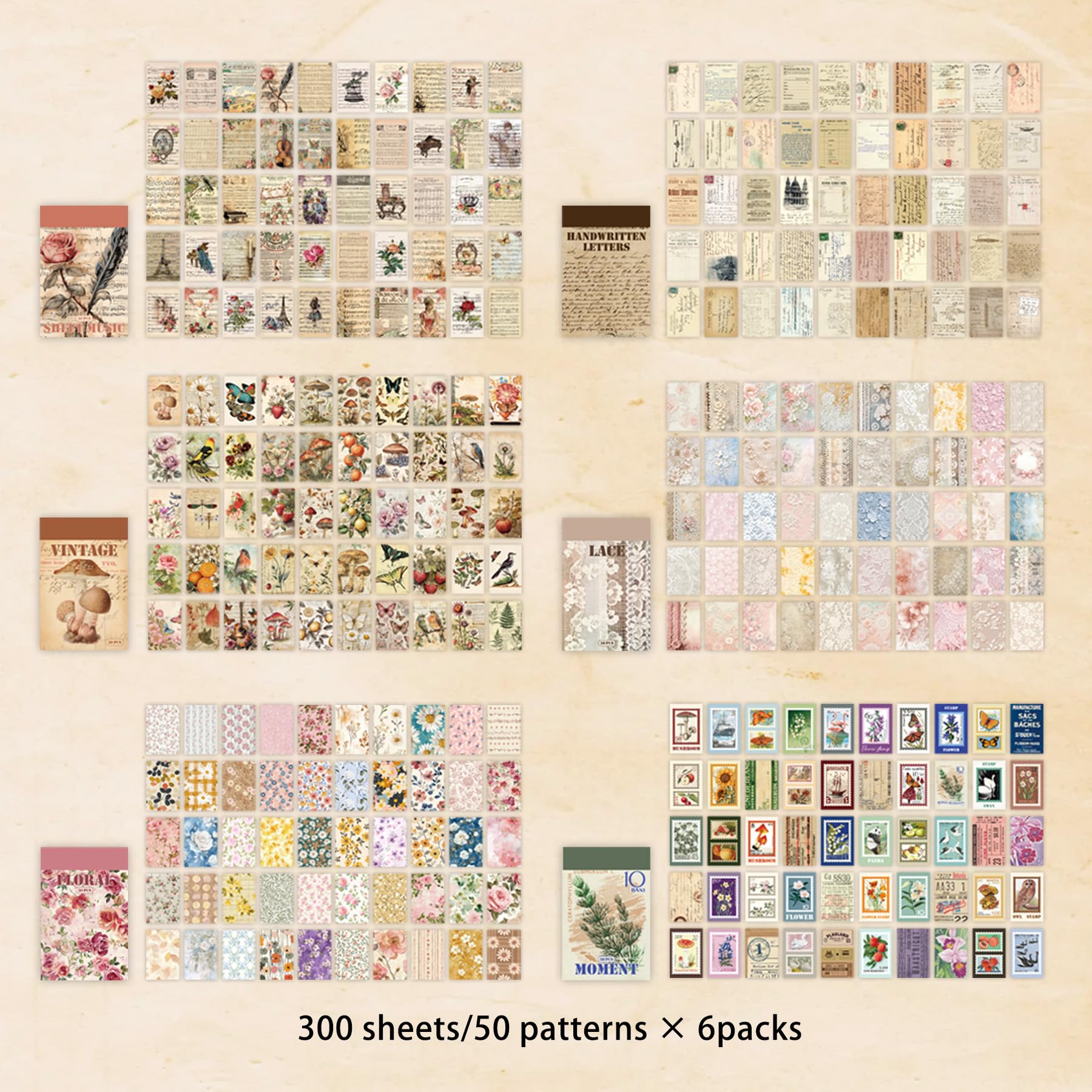 300 pezzi vintage Washi adesivi libro | Ephemera - Set di 6 temi per diari, scrapbooking, bullet journal, riutilizzabili e riposizionabili