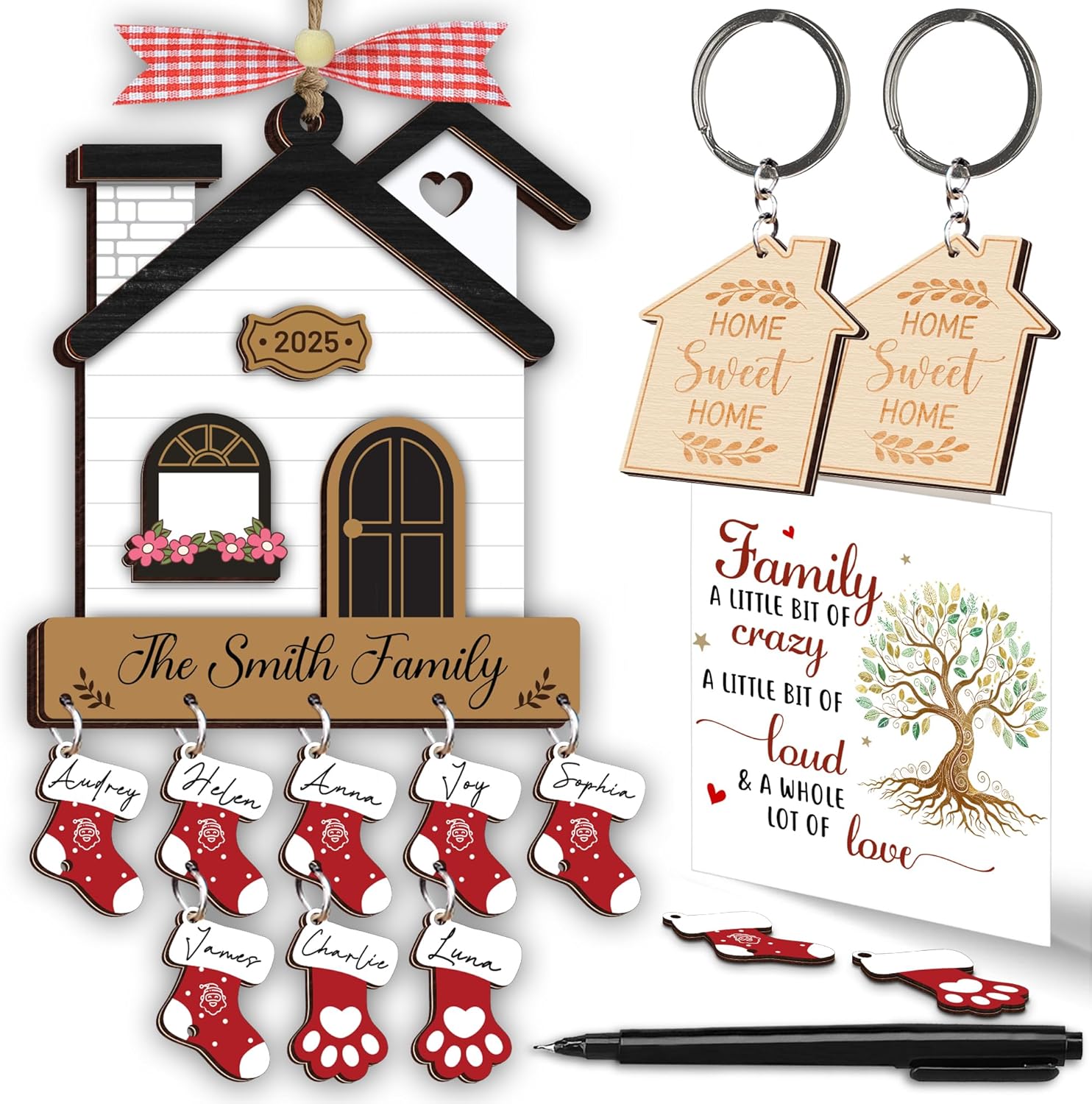 DIY Christmas Ornaments 2025, Family Stockings Ornament for Christmas, Family of 3, 4, 5, 6, 7, 8 Ornament with Dog, Cat, Customized Ornaments for Tree, Home Sweet Home, House Decoration HH624 Diy Family House 4"