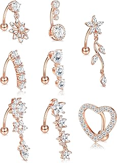 8 Pcs 14G Belly Button Rings for Women Dangle 316L Surgical Steel Heart Belly Button Piercing Cute Navel Piercing Jewelry Barbell Reverse Belly Button Rings Belly Piercing Pack