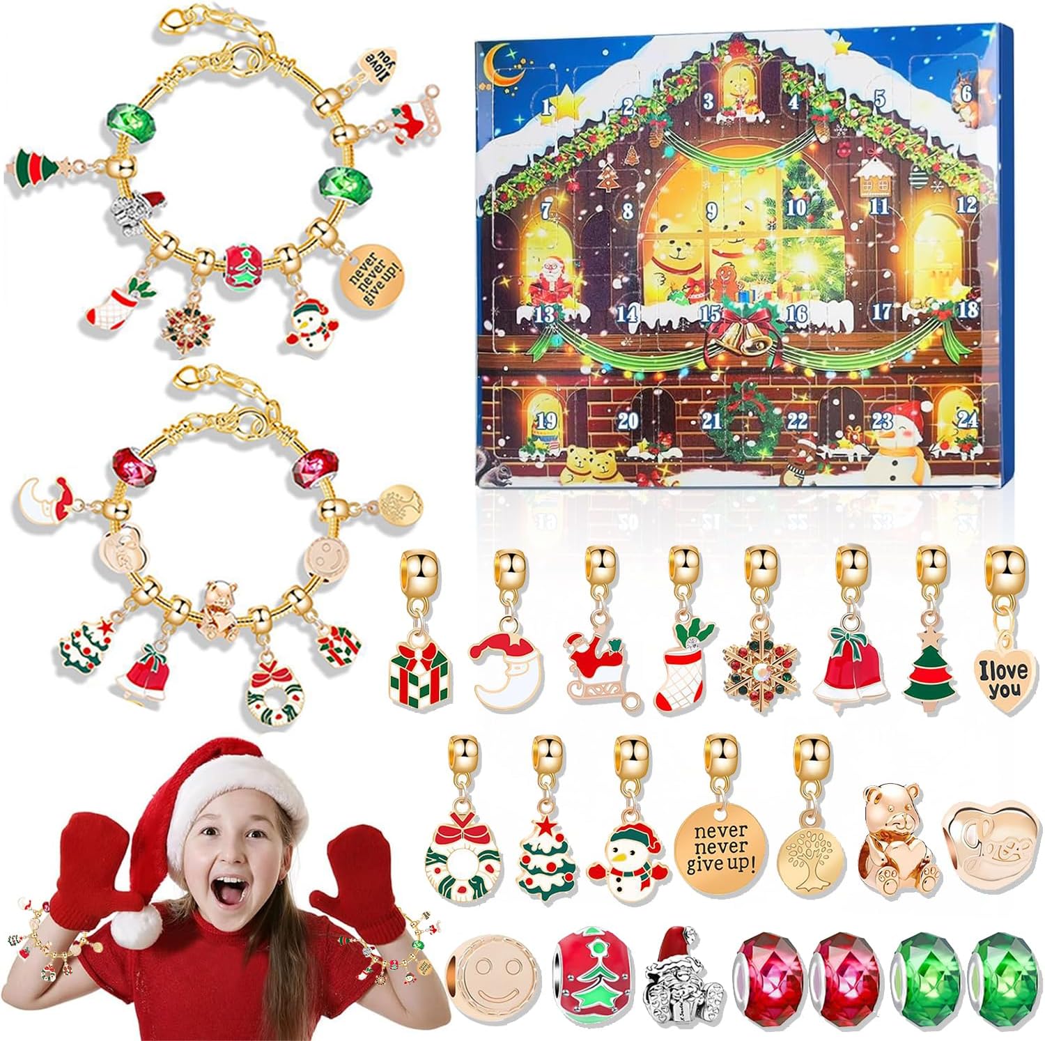 Yoawllty Advent Calendar, Christmas Charm Bracelet Making Kit Counting Each Day Surprise for 24 Days, Beads for Jewelry Making Gifts for Girls(Gold)