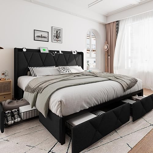 iPormis King Size Bed Frame with 4 Storage Drawers, Upholstered Platform Bed Frame with Charging Station, Modern Wingback Storage Headboard, Easy Assembly, Black