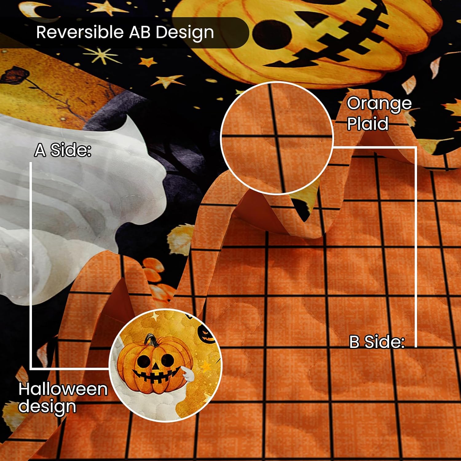 DJY Halloween Quilt Set King Size, Patchwork Black Orange Pumpkin Ghost Castle Bedspread Coverlet Set, Fall Halloween Pattern Festival Themed Bedding Set with 2 Pillowcases