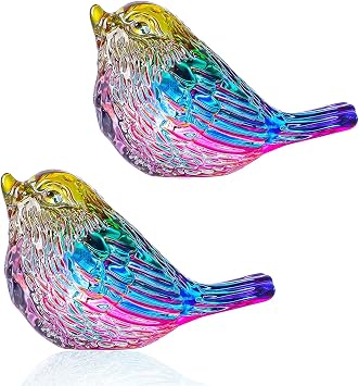 LONGWIN 2pcs Glass Birds Figurines Decor for Home, Handmade Miniature Small Crystal Bird Gifts Animal Collectible Figuirne