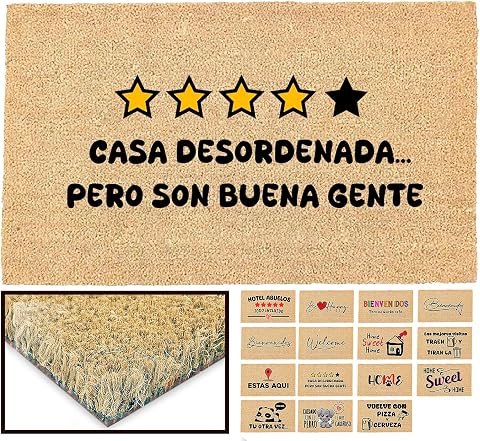 LUCA HOME - Felpudo Entrada casa Original y Divertido de Coco Natural - Felpudo casa desordenada 33x60 - Ideal para Puertas de Exteriores Cubiertas, pasillos y entradas de hogares