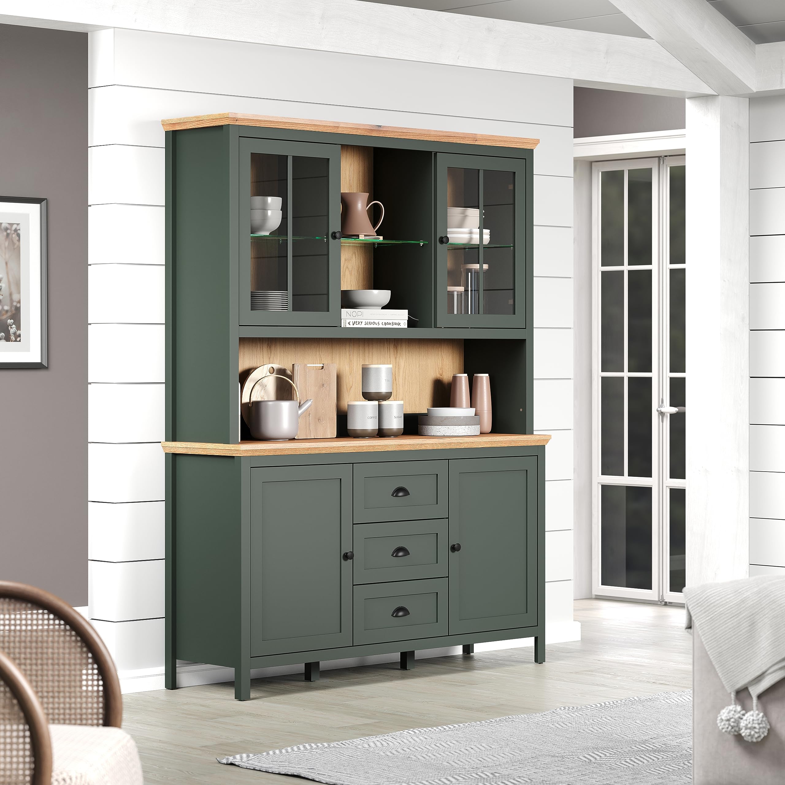 trendteam smart living - Stanton - Buffetschrank - Tannengrün/Evoke Eiche - Vitrine inklusive Beleuchtung mit 4 Türen, 3 Schubladen (BxHxT) 146 x 198 x 45 cm - Landhausstil