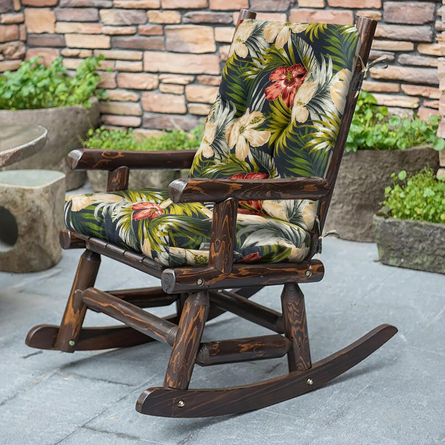 Magpie Fabrics Outdoor Rocking Chair Cushion Set, Tufted Pad for Rocking Chairs with Ties, Seat 19" x 17"/Back 21" x 19", Night Blue Floral