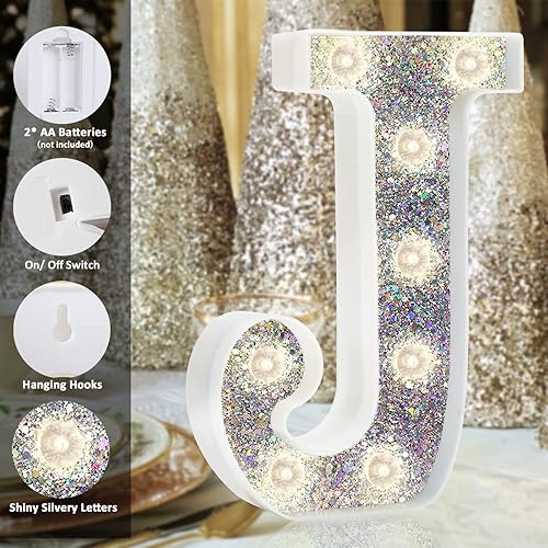 Miniatura 4 de Letras con luces LED, letras del alfabeto de marquesina plateadas iluminadas con diamantes, letras de marquesina con purpurina, decoración de fiesta