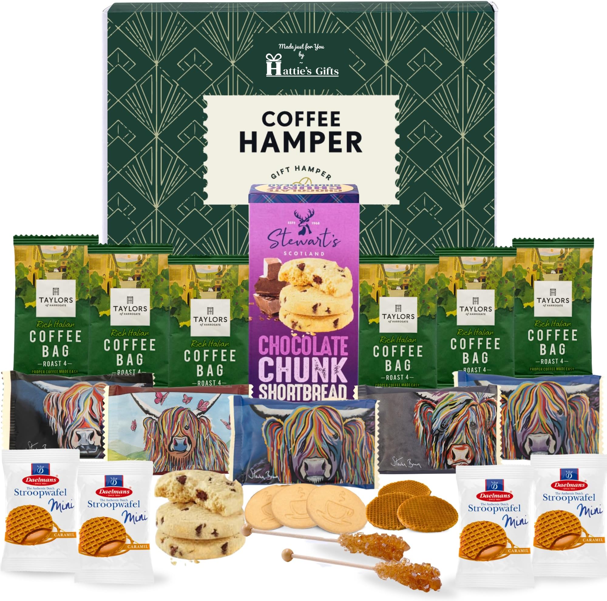 Hattie’s Gifts Coffee Gift Set with Taylors Coffee Bags, Biscuit Selection & Sugar Swizzle Sticks – Luxury Food Hamper for Men & Women