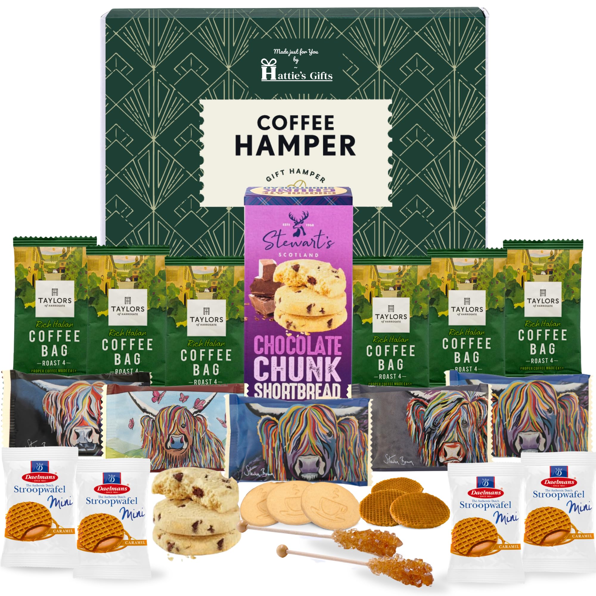 Hattie’s Gifts Taylors Coffee Bags Hamper - Luxury Coffee Gift Set with Biscuit Selection & Sugar Sticks – Valentine Treats & Food Lovers Gifts for Men and Women