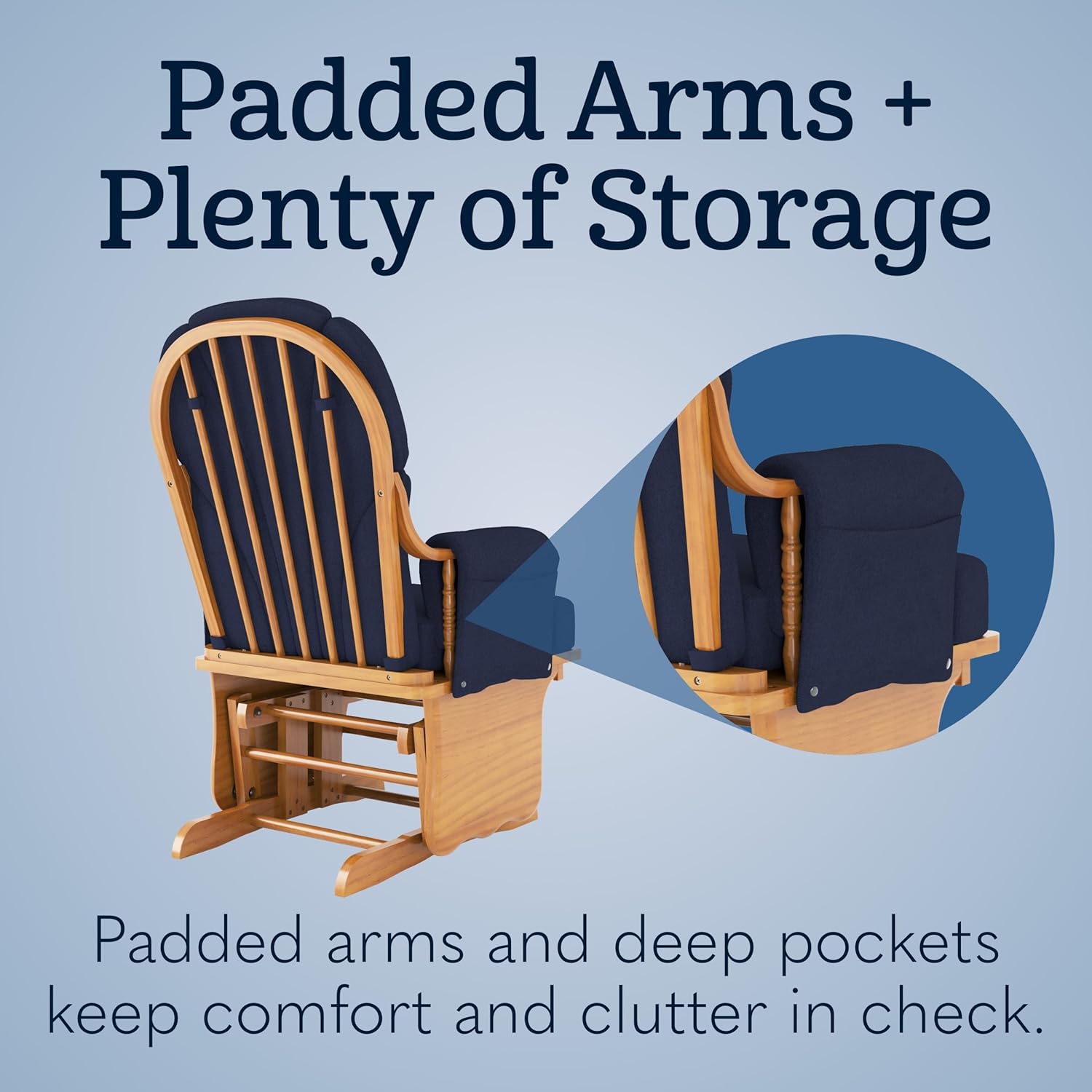 Foundations Lullaby Wood Base Glider Rocker - Baby Feeding and Rocking Chair for Nursery, Daycare Environment - Nursery Rocking Chairs with Padded Foam Arm Rests - (Natural/Blue)