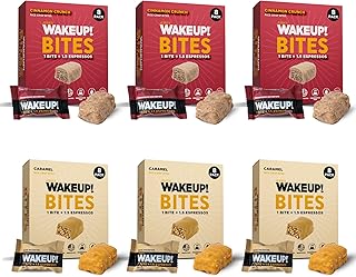 WAKE UP! Caffeinated Protein Bites - VALUE PACK - 6 Cartons (48 Bites) 3 Caramel & 3 Cinnamon Crunch Proprietary Blend with 175mg Caffeine (1 Bite = 1.5 Espressos) Boosts Focus & Clarity - Gluten-Free, Vegetarian, Kosher