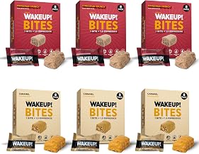WAKE UP! Caffeinated Protein Bites - VALUE PACK - 6 Cartons (48 Bites) 3 Caramel & 3 Cinnamon Crunch Proprietary Blend with 175mg Caffeine (1 Bite = 1.5 Espressos) Boosts Focus & Clarity - Gluten-Free, Vegetarian, Kosher