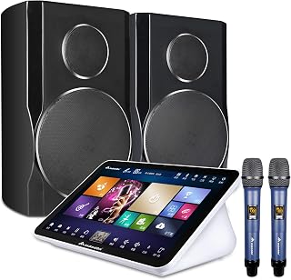 Karaoke System Set, InAndOn 15.6 inch Capacitive Touch Screen with Speaker and Wireless Microphones, YouTube, iCloud Song Update, Real-time Score, KTV Machine Fit for Bar Home Party, 6T