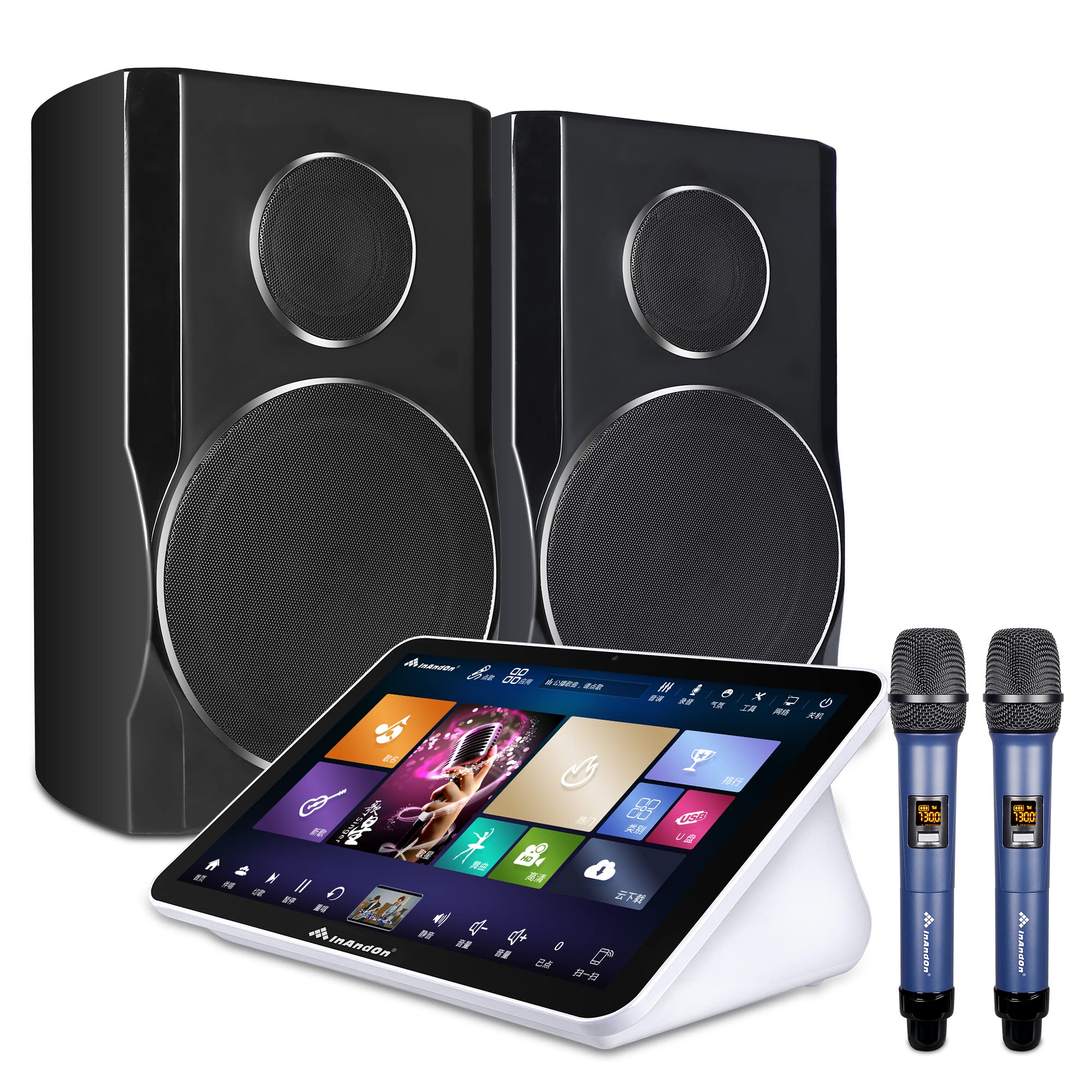Karaoke System Set, InAndOn 18.5 inch Capacitive Touch Screen with Speaker and Wireless Microphones, YouTube, iCloud Song Update, Real-time Score, KTV Machine Fit for Bar Home Party, 6T