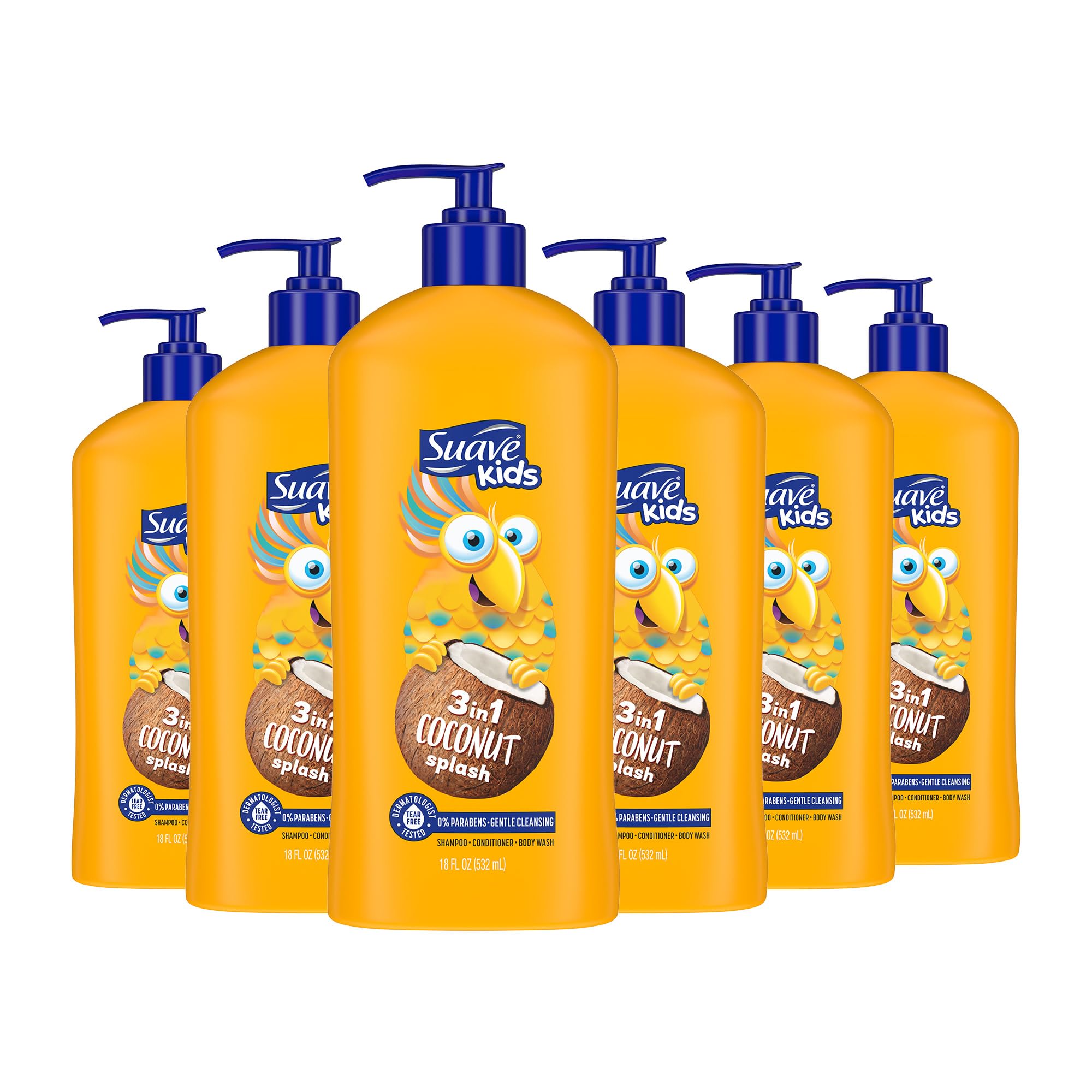Suave Kids 3-in-1 Tear Free, Body Wash, Shampoo and Conditioners, Dermatologist Tested, Coconut Splash, 18 Oz Pack of 6 Old Packaging