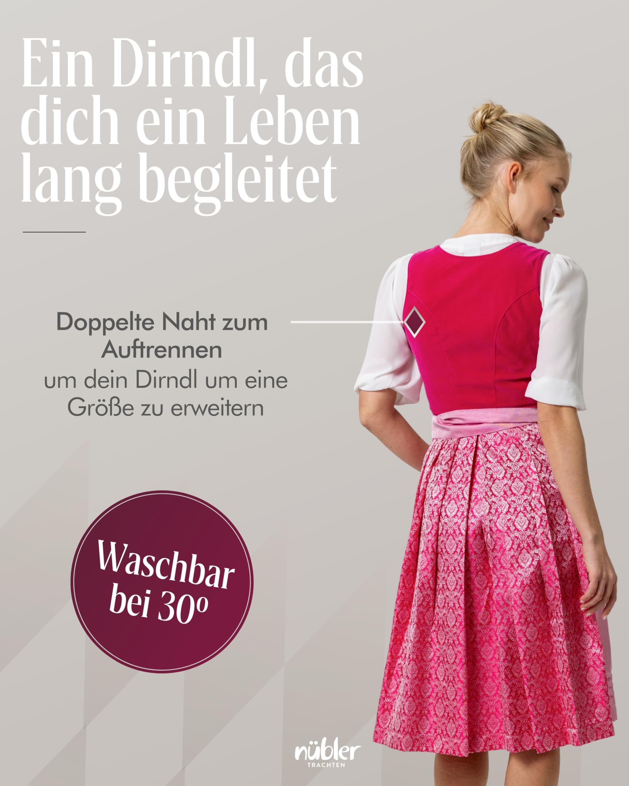 Nübler Damen Dirndl Karla I Größen 30-48 I Midi-Dirndl mit Rocklänge 70 cm & passender Schürze I Festliches Trachtenkleid mit modernem Schnitt & dezenten Details I Ideal für Trachten & Festlichkeiten