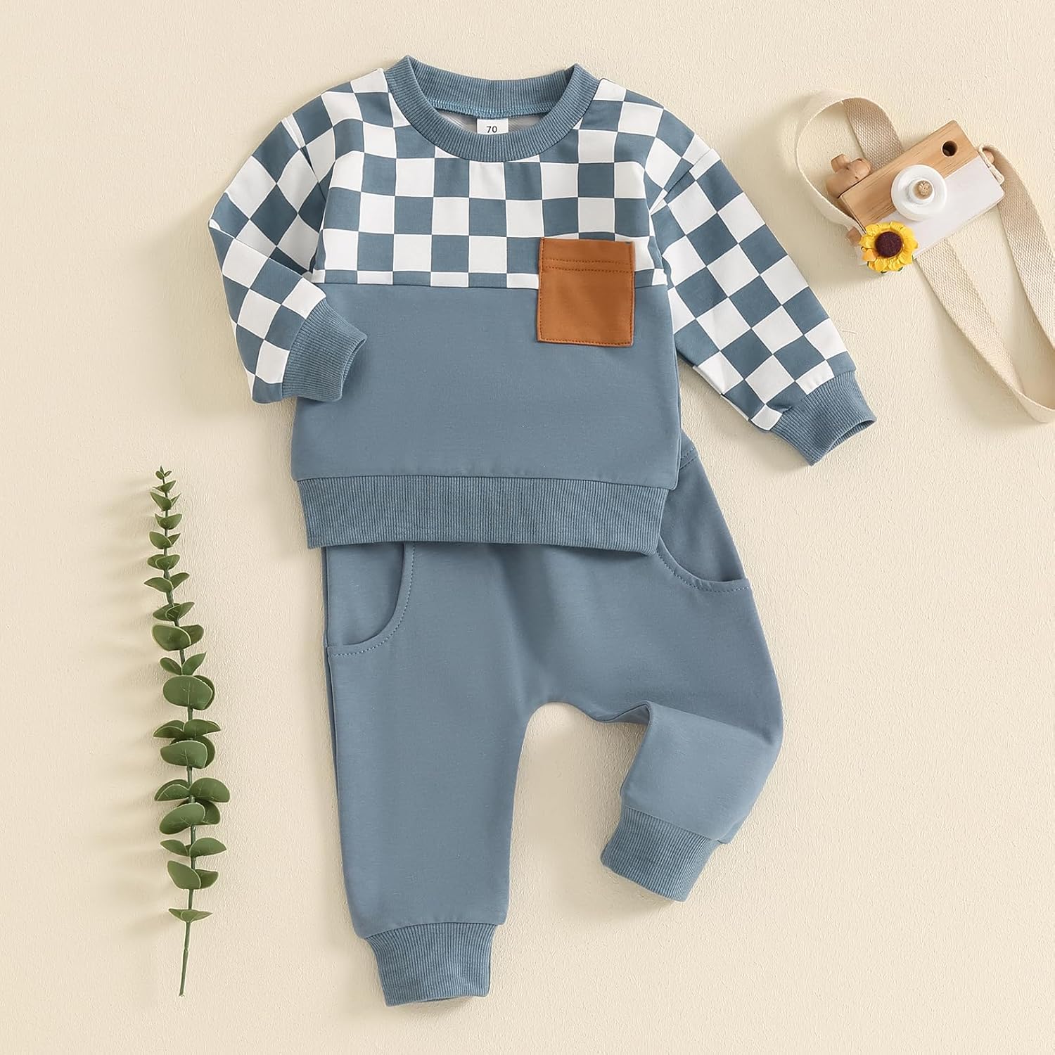MoZiKQin Toddler Baby Boy Girl Clothes Checkered Color Block Long Sleeve Sweatshirt with Pants Set 2Pcs Fall Winter Outfits - Image 2