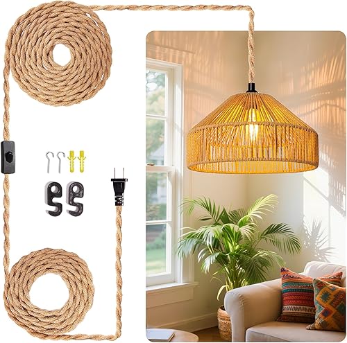 Miniatura 12 de Lámparas Colgantes de Ratán Luz Colgante Luces Colgantes Cable de 16.4 pies con Enchufe Lámpara Colgante que se Enchufa a Toma de Pared Iluminación