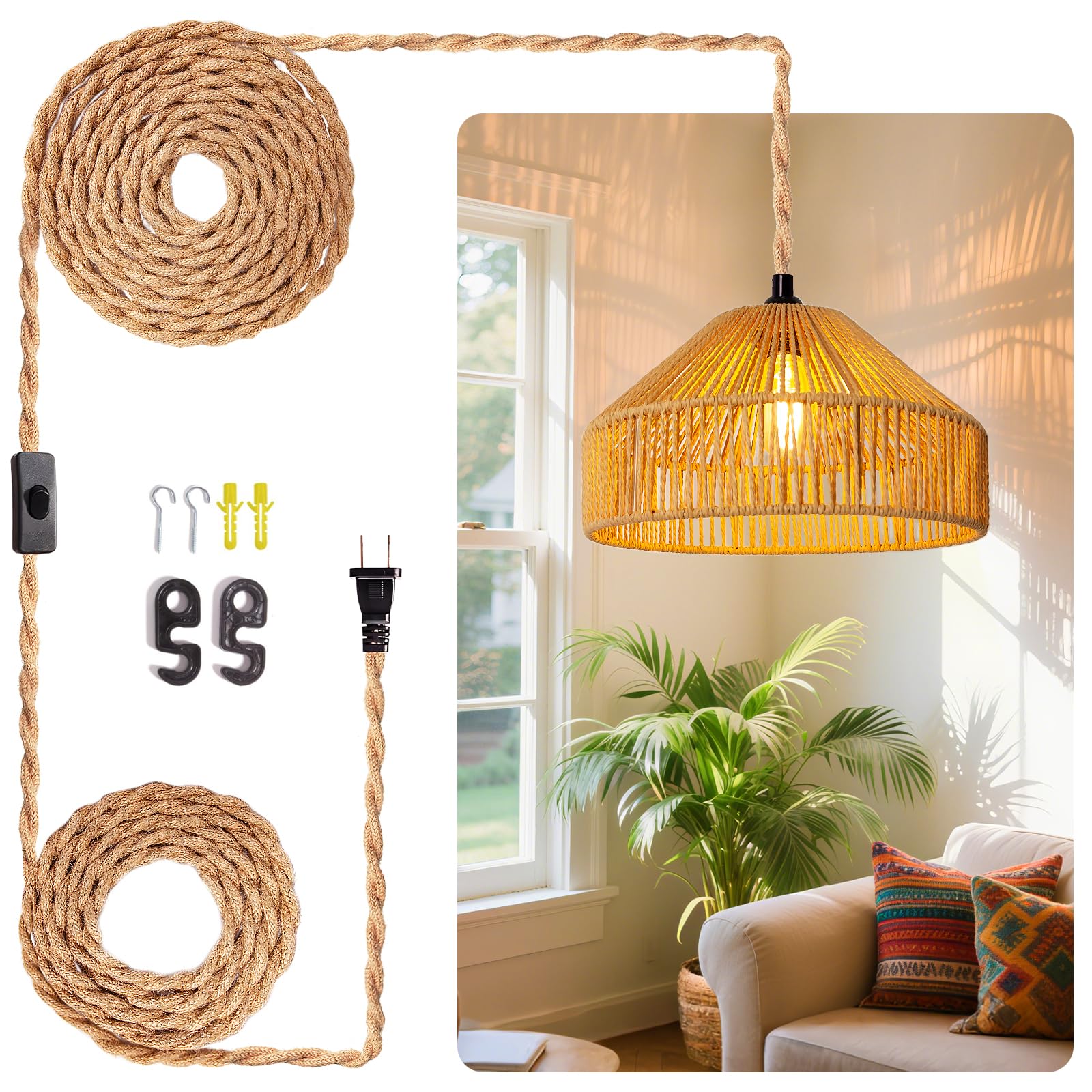 Photo 1 of Maliralt Rattan Plug-In Pendant Light - 12.8" x 7.1"