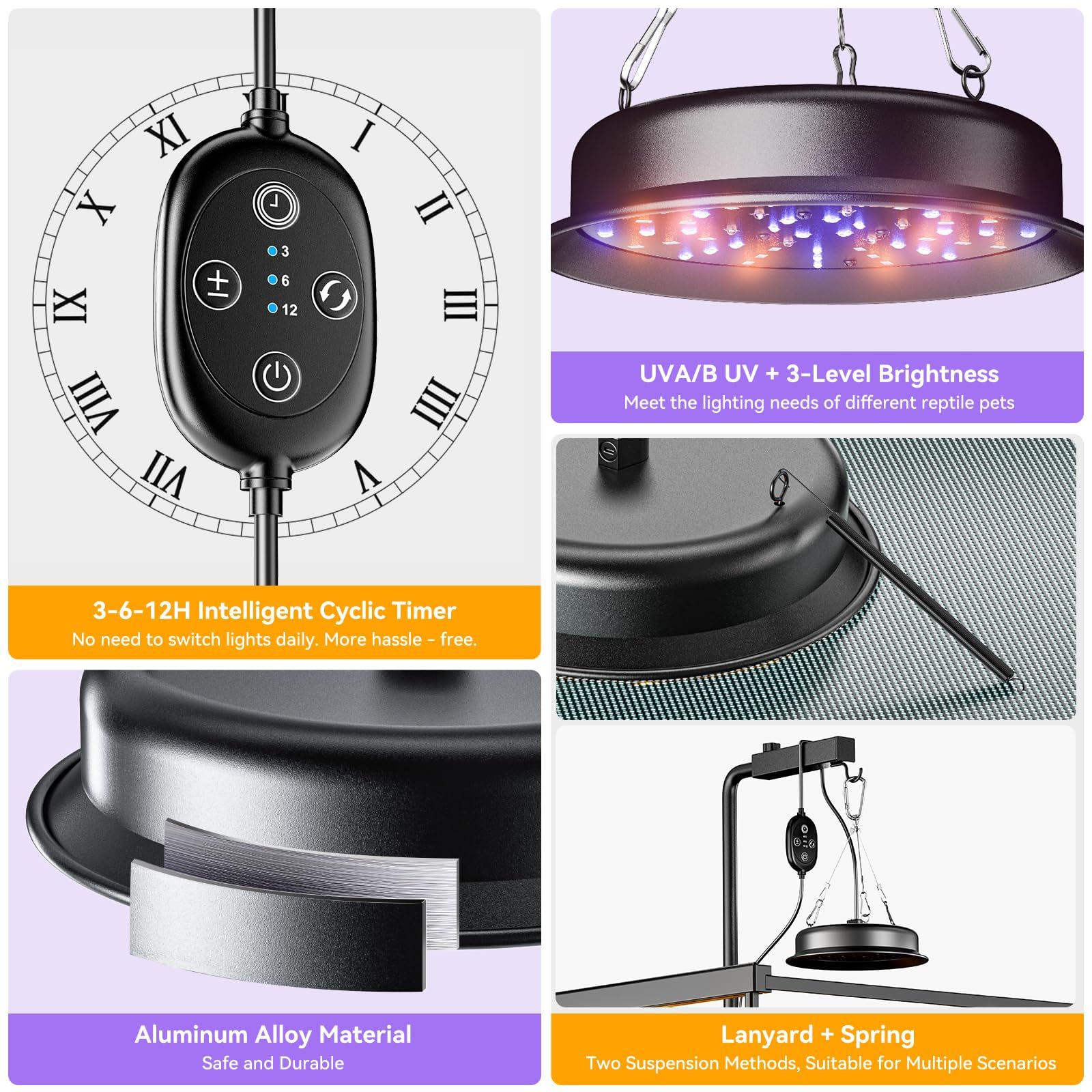 Lampe UVB pour Reptiles, Lampe pour Reptiles avec Minuterie à Cycle 3-6-12 et 3 Niveaux de Luminosité, Lampe UVA/UVB à Spectre Complet pour Tortues, Dragons Barbus et Serpents